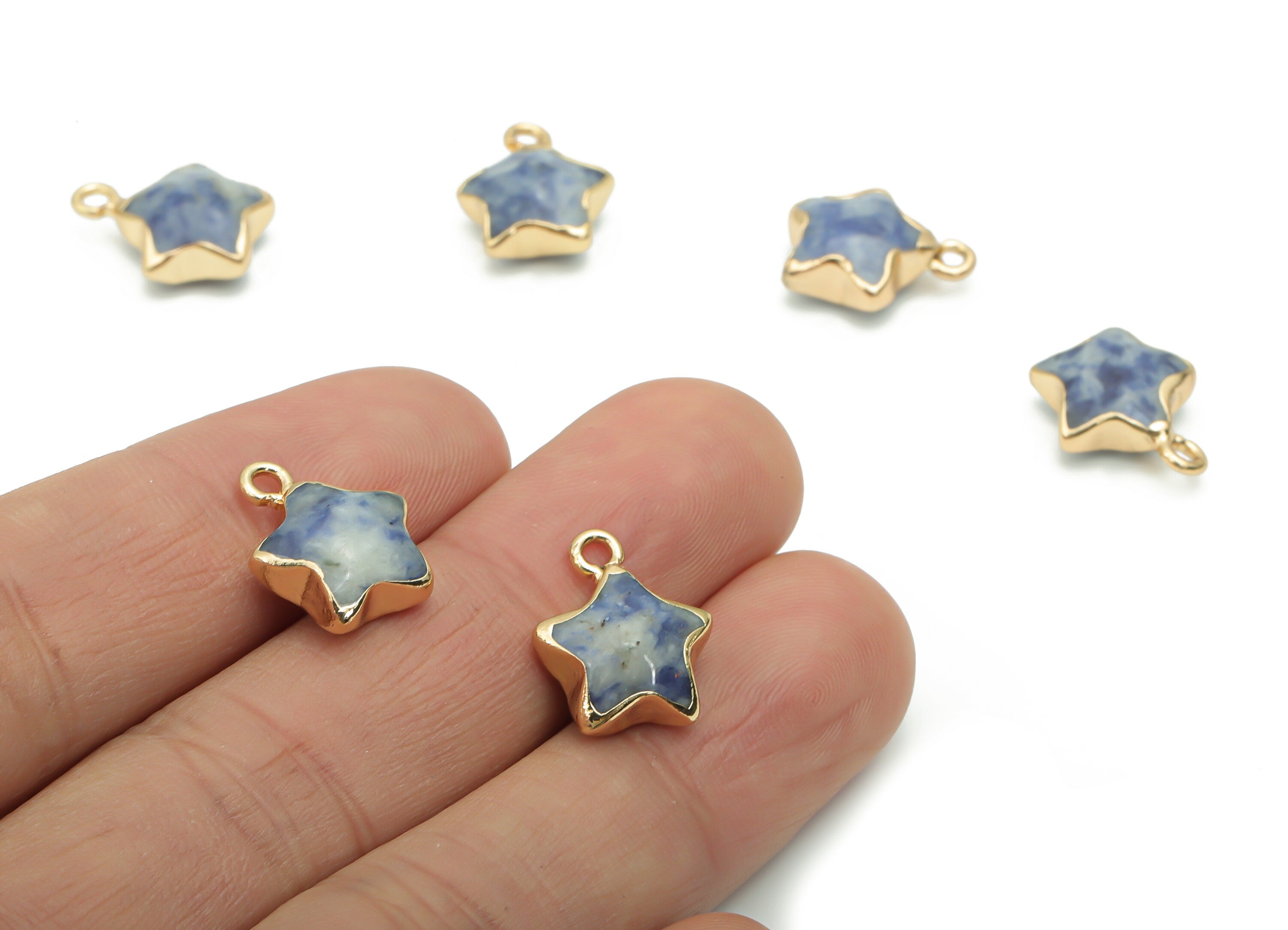 Blue Spot Jasper Star Earring Charms - Brass Star Pendant - Iron Loop - Natural Stone - Gold Tone Plated Brass – 15.94x12.86x6.5mm – NS1579E - DOMEDBAZAAR