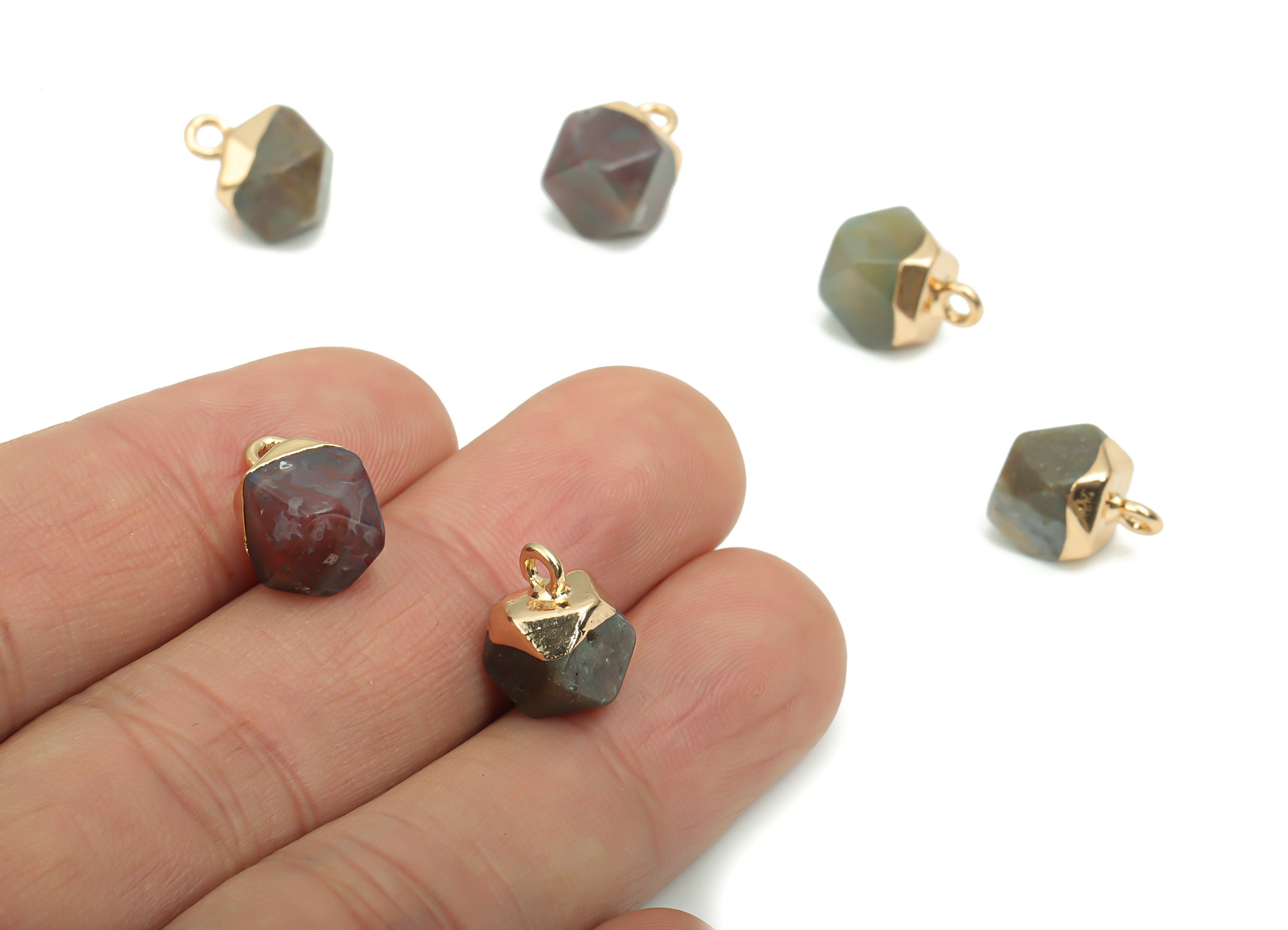 Agate Crystal Hexagon Charms - Brass Hexagon Pendant - Iron Loop - Natural Stone - Gold Tone Plated Brass – 12.57x8.45x8.18mm – NS1580G - DOMEDBAZAAR
