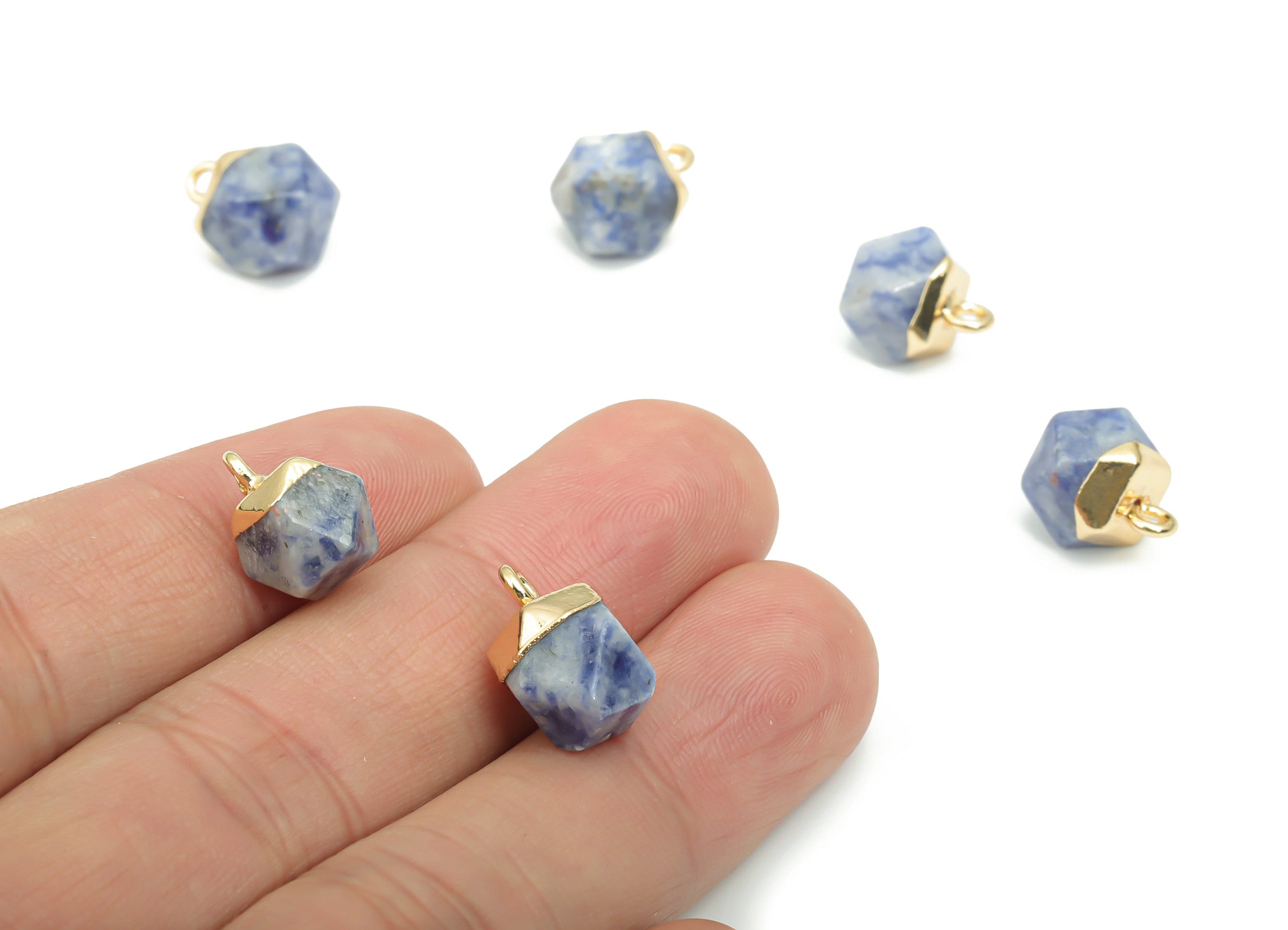 Blue Spot Jasper Hexagon Charms - Brass Hexagon Pendant - Iron Loop - Natural Stone - Gold Tone Plated Brass – 12.57x8.5x8.2mm – NS1580C - DOMEDBAZAAR