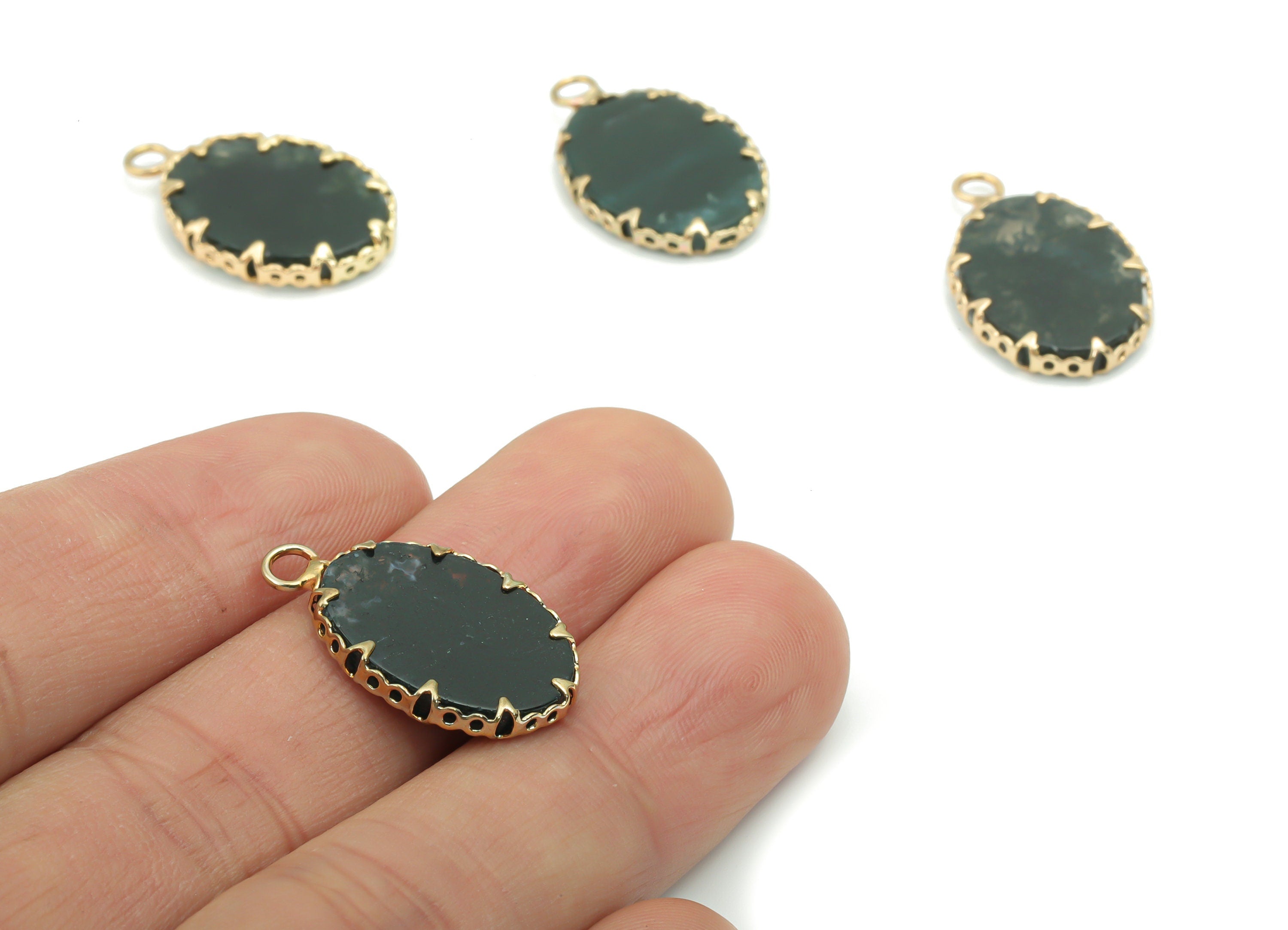 Moss Agate Oval Earring Charms - Brass Frame Pendant - Iron Loop - Natural Stone - Gold Tone Plated Brass – 22.94x14.15x2.43mm – NS1572G - DOMEDBAZAAR