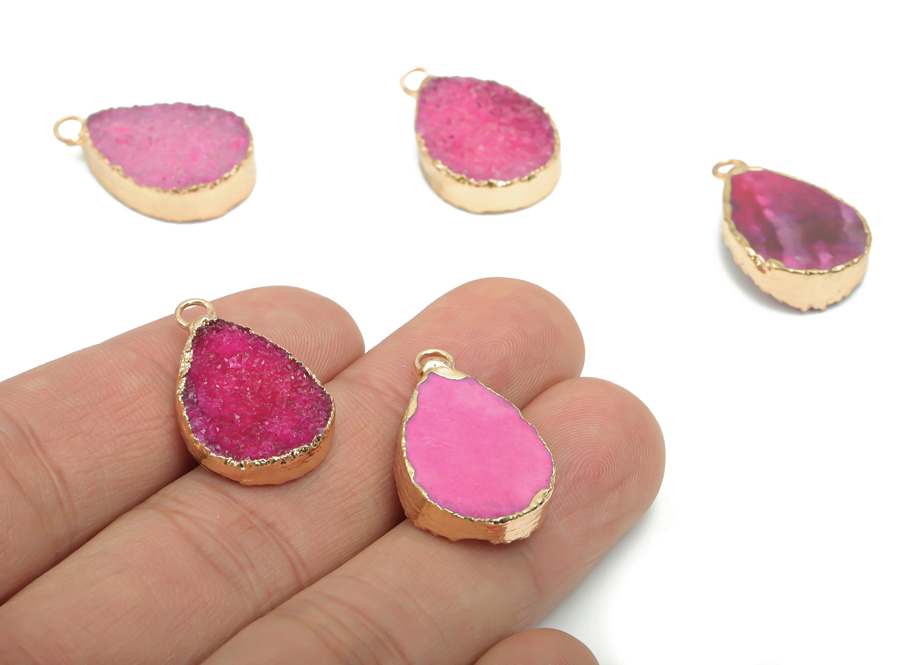 Dyed Quartz Crystal Earring Charms - Brass Drop Pendant - Iron Loop - Natural Stone - Gold Tone Plated Brass – 24.63x15.49x6.37mm – NS1574A - DOMEDBAZAAR