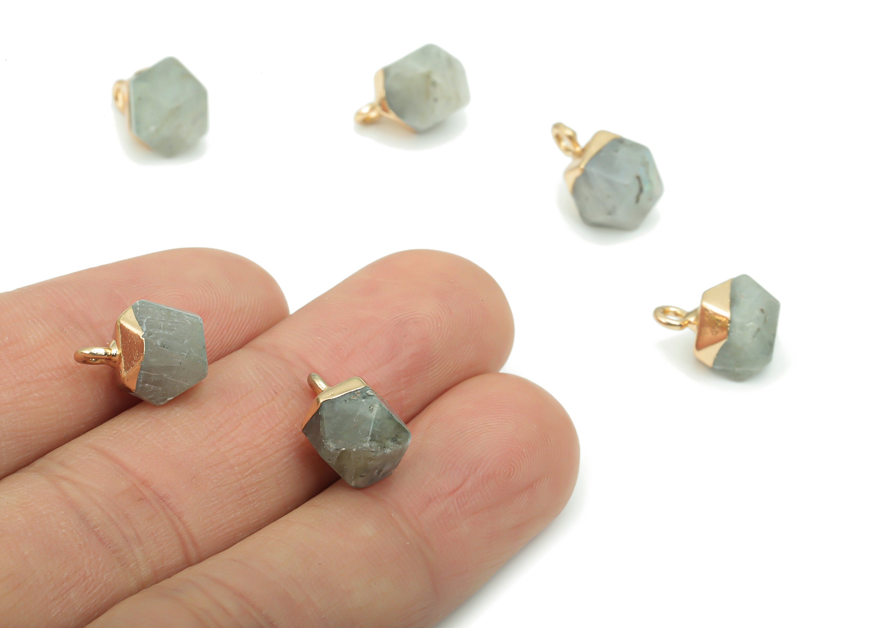Gray Labradorite Hexagon Charms - Brass Hexagon Pendant - Iron Loop - Natural Stone - Gold Tone Plated Brass – 12.57x8.45x8.18mm – NS1580B - DOMEDBAZAAR