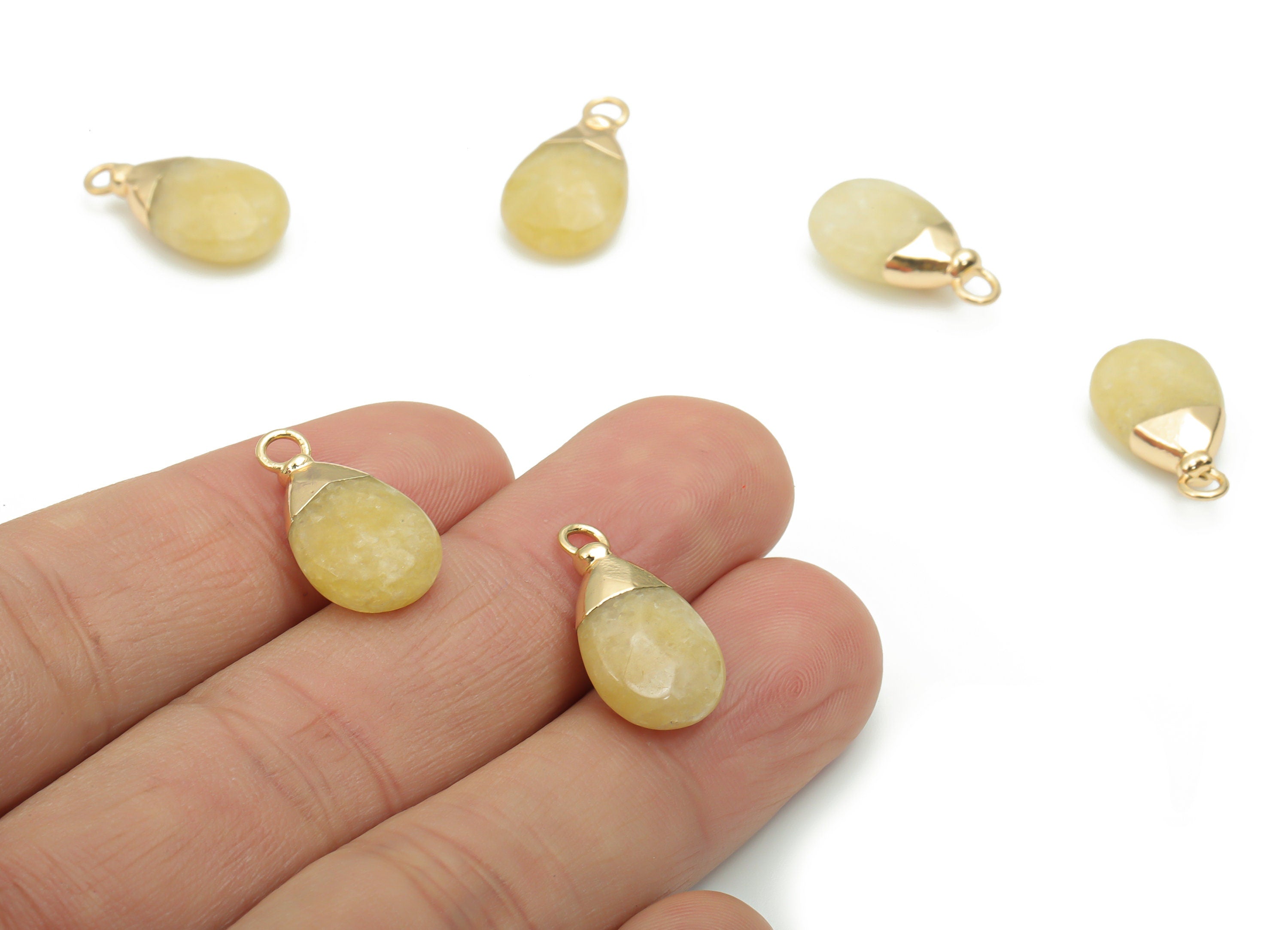Yellow Jade Drop Earring Charms - Brass Drop Pendant - Iron Loop - Natural Stone - Gold Tone Plated Brass – 19.08x10.82x5.89mm – NS1569E - DOMEDBAZAAR