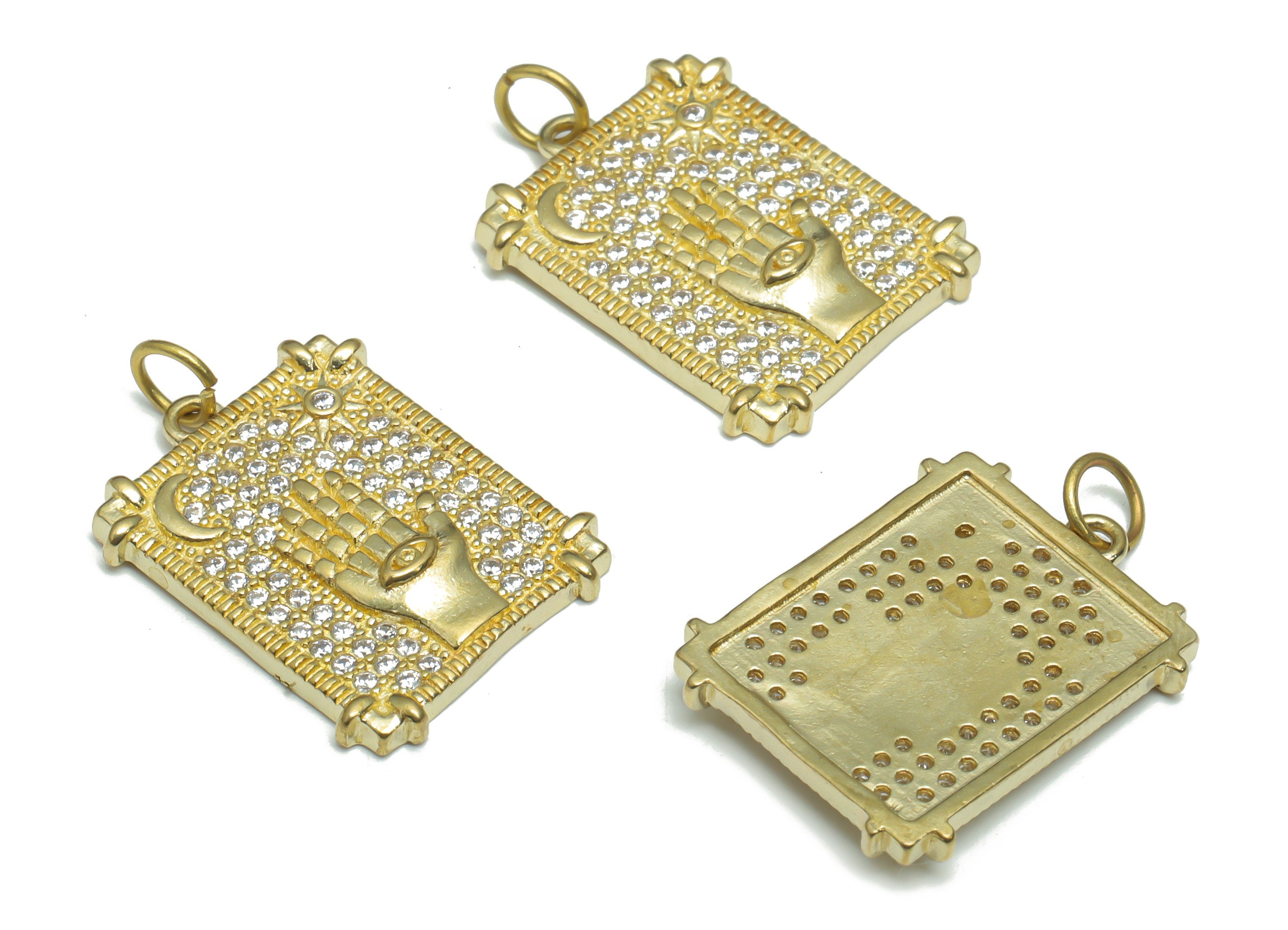 Brass Square Moon Sun Earring Charms With Zircons - Raw Brass Crescent Hand Eye Pendant - Jewelry Making Supplies - 24.4x17.1x2.2mm - PP5166 - DOMEDBAZAAR