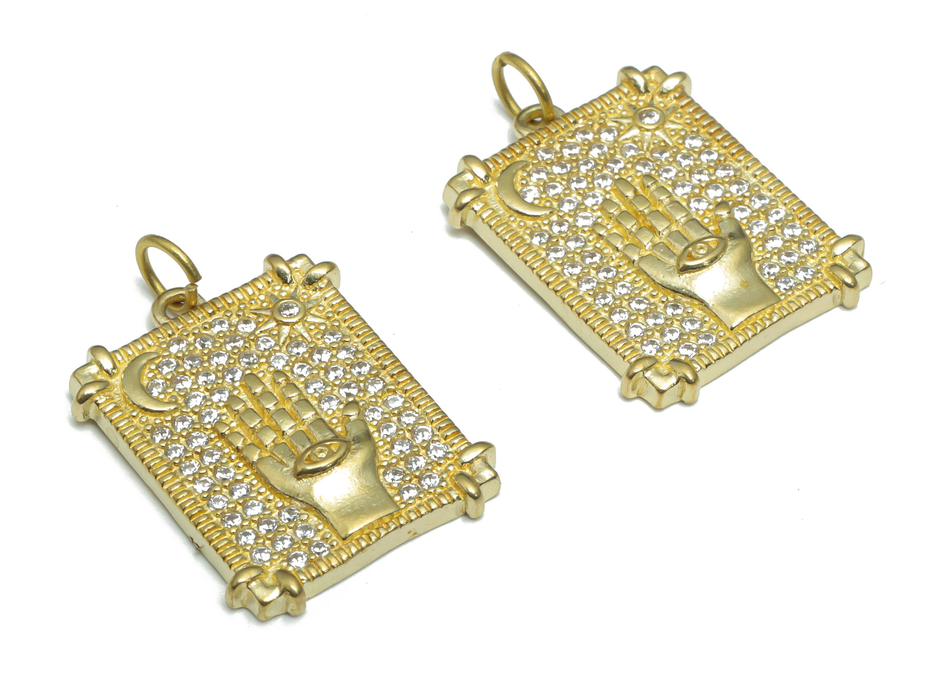 Brass Square Moon Sun Earring Charms With Zircons - Raw Brass Crescent Hand Eye Pendant - Jewelry Making Supplies - 24.4x17.1x2.2mm - PP5166 - DOMEDBAZAAR