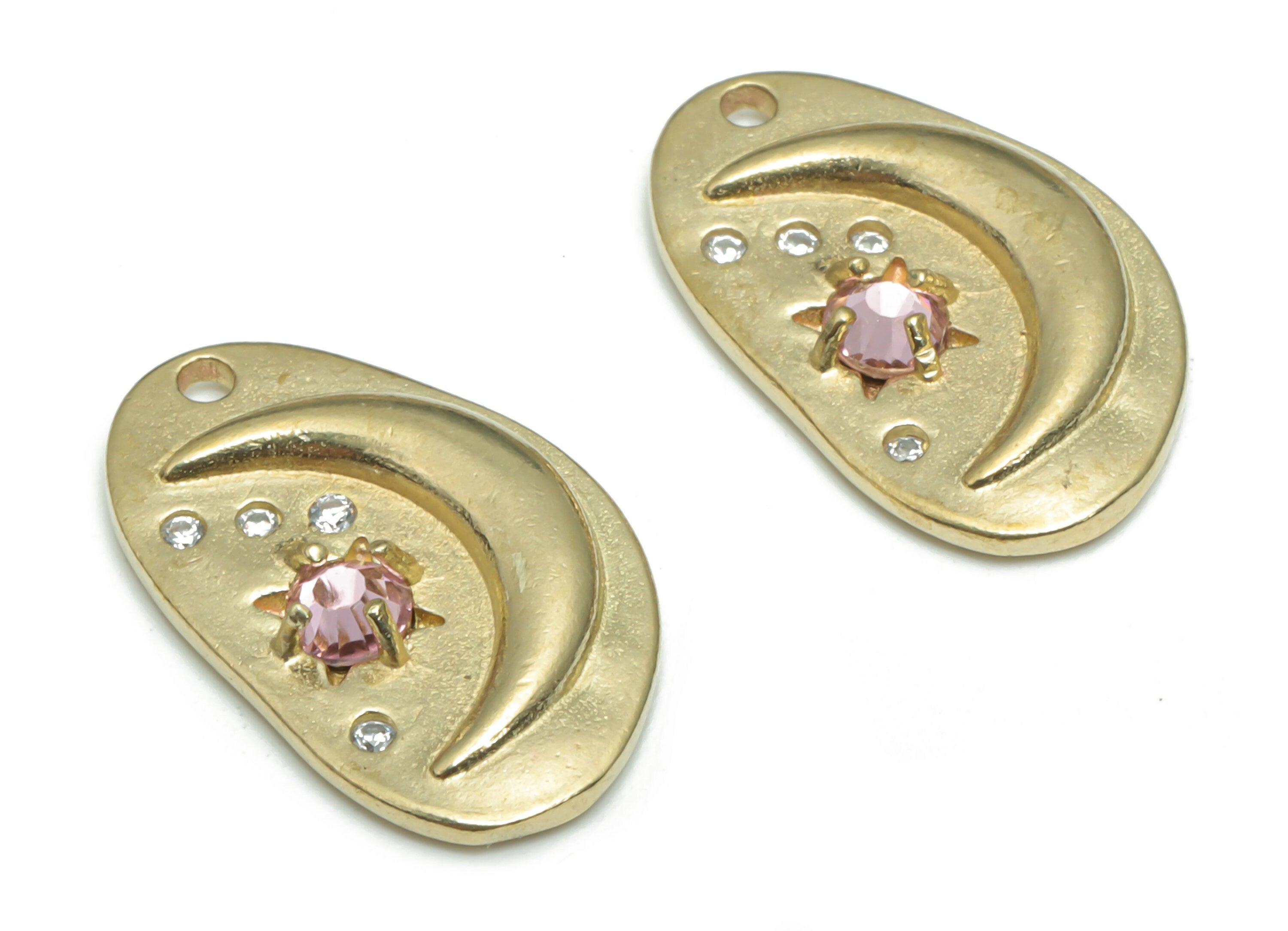 Brass Texture Irregular Crescent Charms With Zircons - Raw Brass Moon Star Planet Pendant - Jewelry Supplies - 18.05x10.86x2.67mm - PP5173 - DOMEDBAZAAR