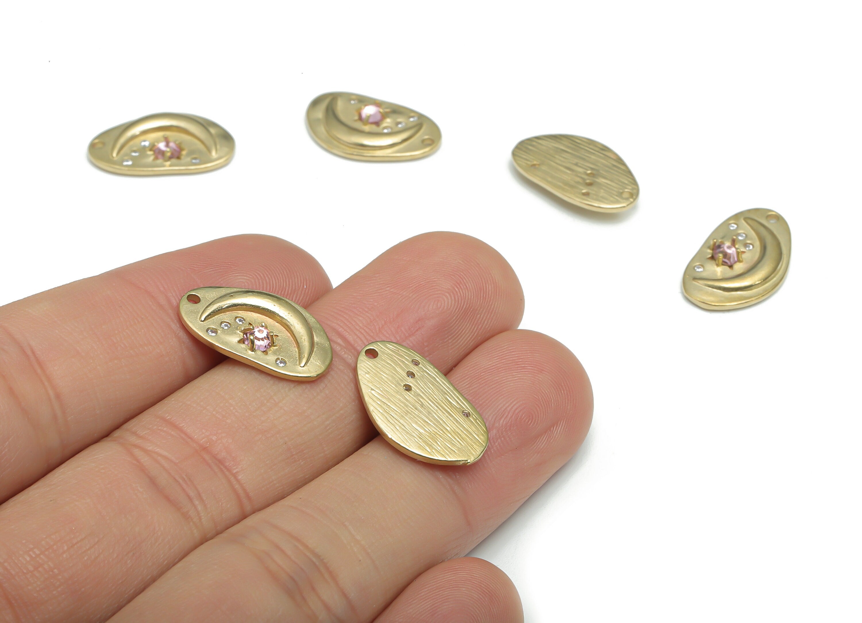 Brass Texture Irregular Crescent Charms With Zircons - Raw Brass Moon Star Planet Pendant - Jewelry Supplies - 18.05x10.86x2.67mm - PP5173 - DOMEDBAZAAR