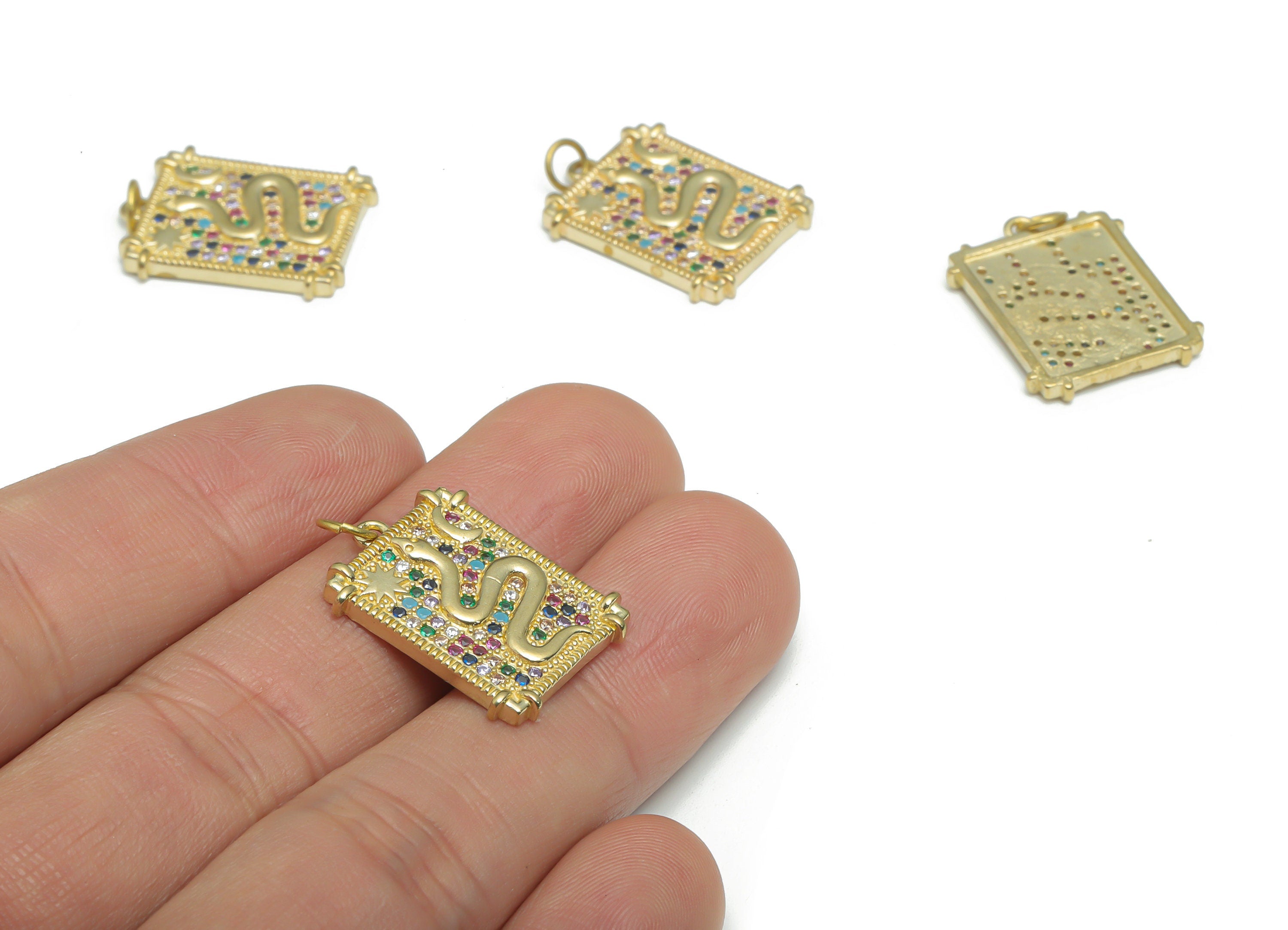 Brass Square Snake Planet Crescent Earring Charms With Zircons - Raw Brass Star Moon Pendant - Indian Style - 21.91x17.06x2.3mm - PP5172 - DOMEDBAZAAR