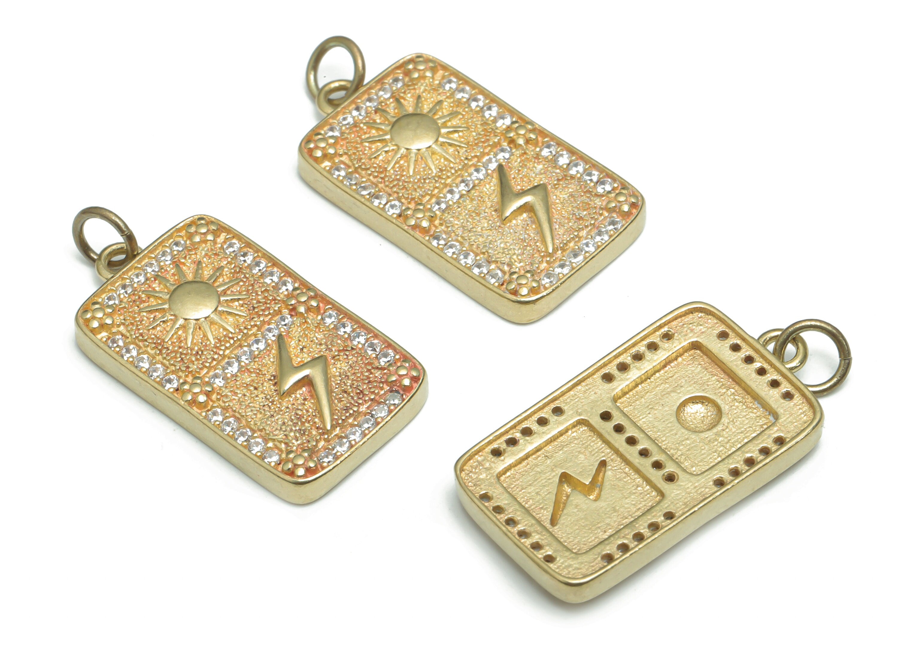 Brass Rectangle Sun Earring Charms With Zircons - Raw Brass Lightning Rectangle Pendant - Jewelry Making Supplies - 28.29x13.26x3mm - PP5170 - DOMEDBAZAAR