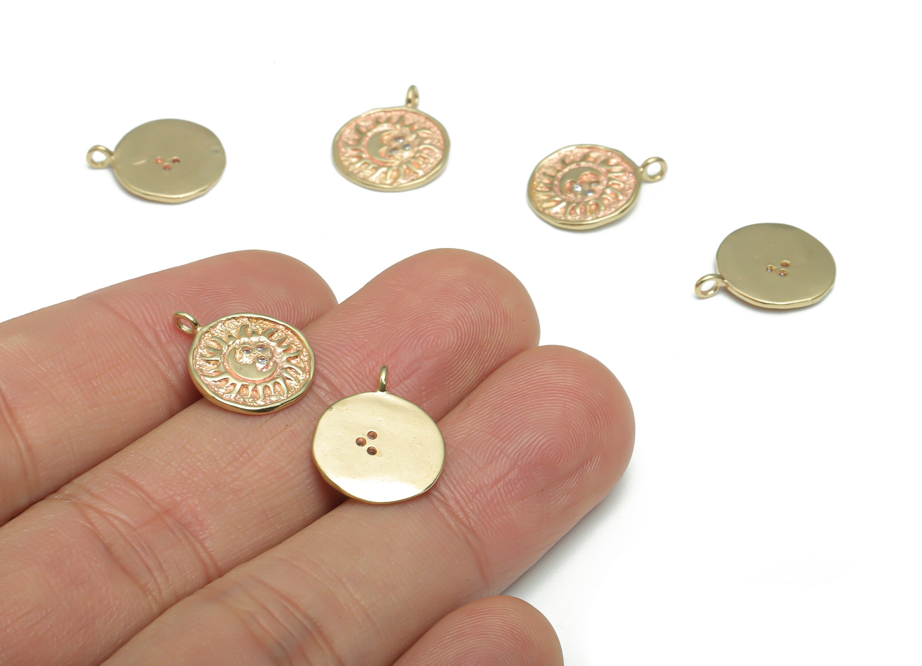 Brass Round Sun Crescent Earring Charms With Zircons - Raw Brass Moon Circle Pendant - Jewelry Making Supplies - 15.36x12.87x1.21mm - PP5176 - DOMEDBAZAAR