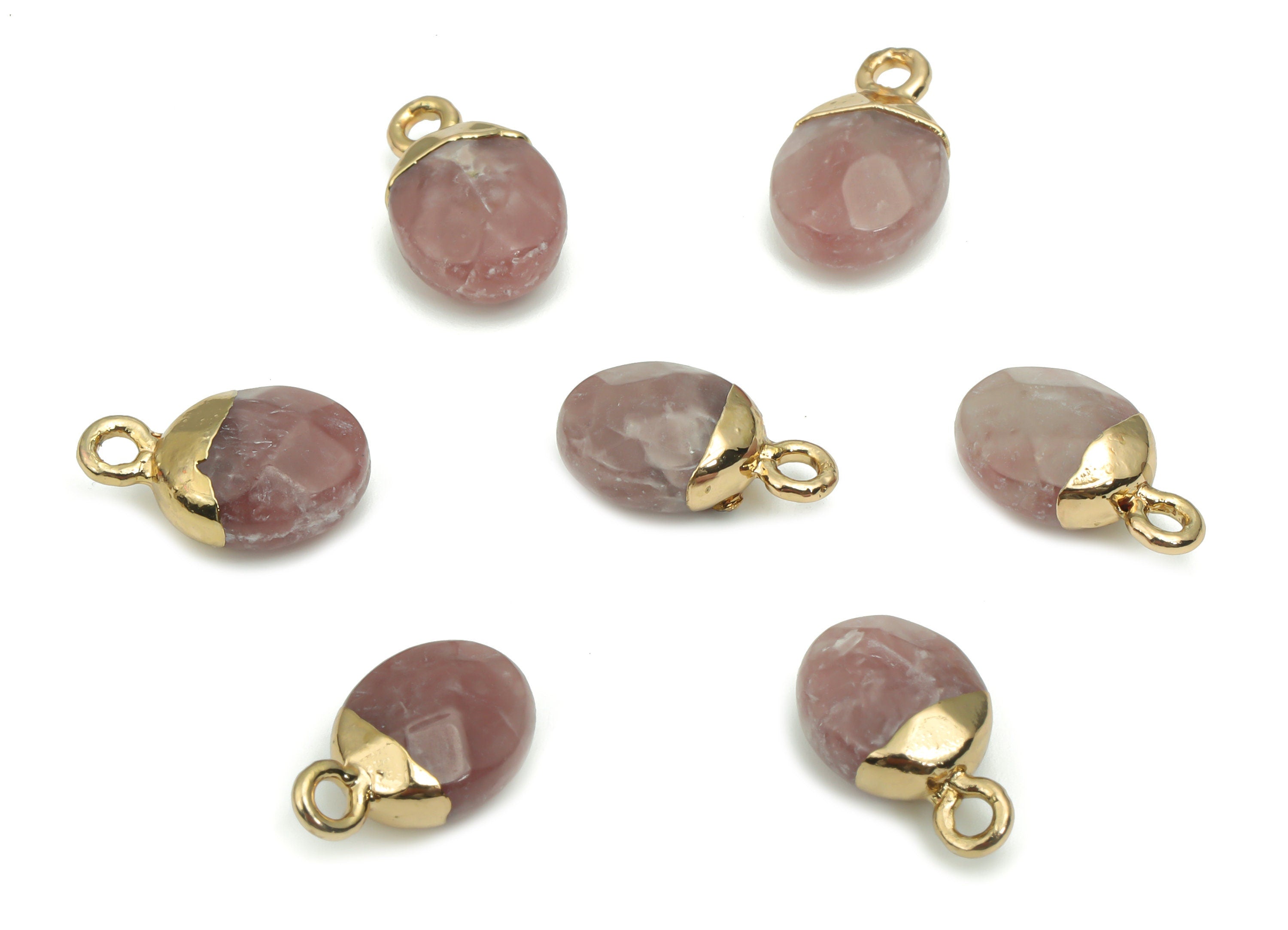 Strawberry Crystal Mini Round Charms - Brass Circle Pendant - Iron Loop - Faceted Stone - Gold Tone Plated Brass – 13.52x8.1x5.3mm – NS1577F - DOMEDBAZAAR