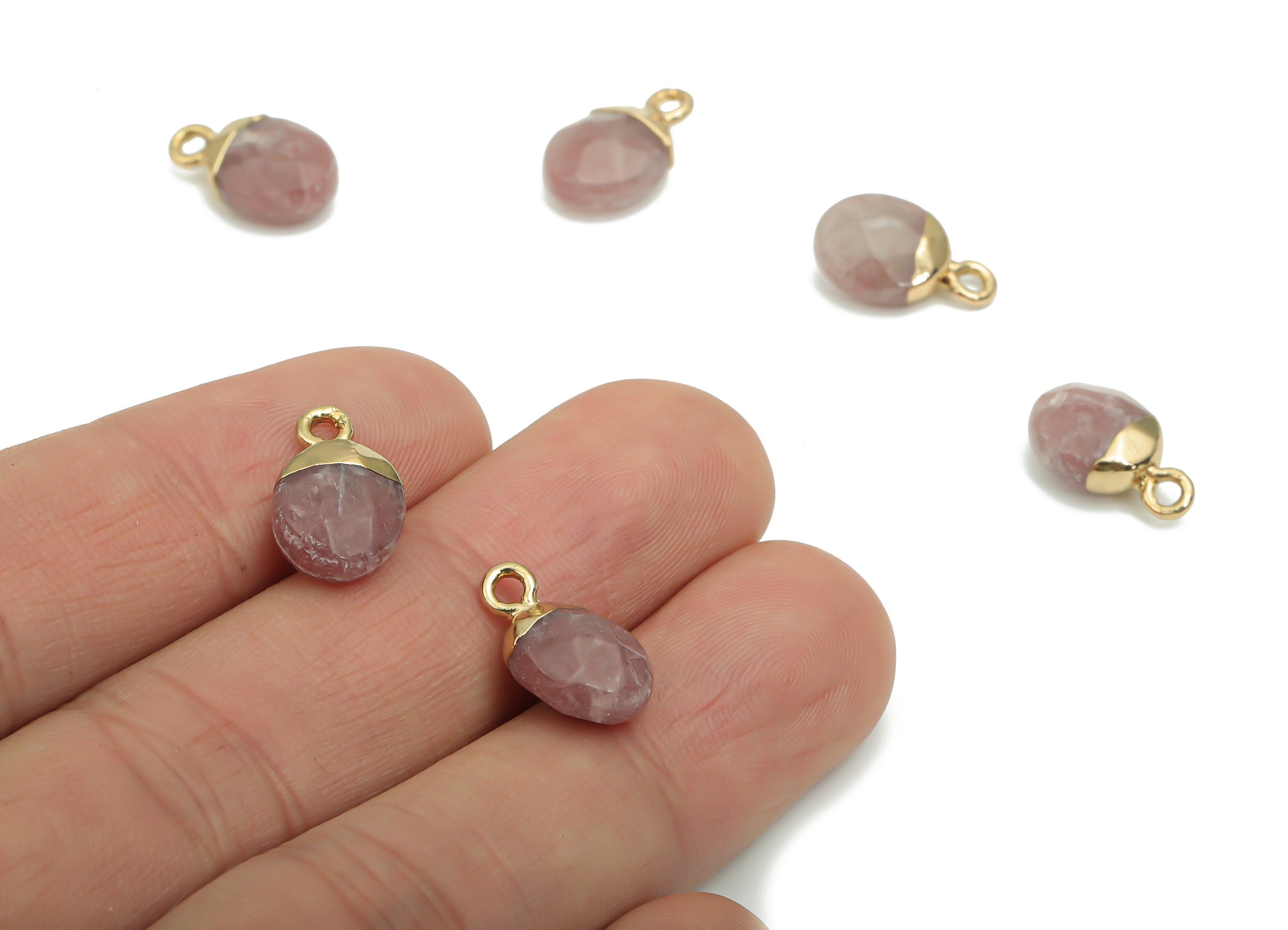 Strawberry Crystal Mini Round Charms - Brass Circle Pendant - Iron Loop - Faceted Stone - Gold Tone Plated Brass – 13.52x8.1x5.3mm – NS1577F - DOMEDBAZAAR