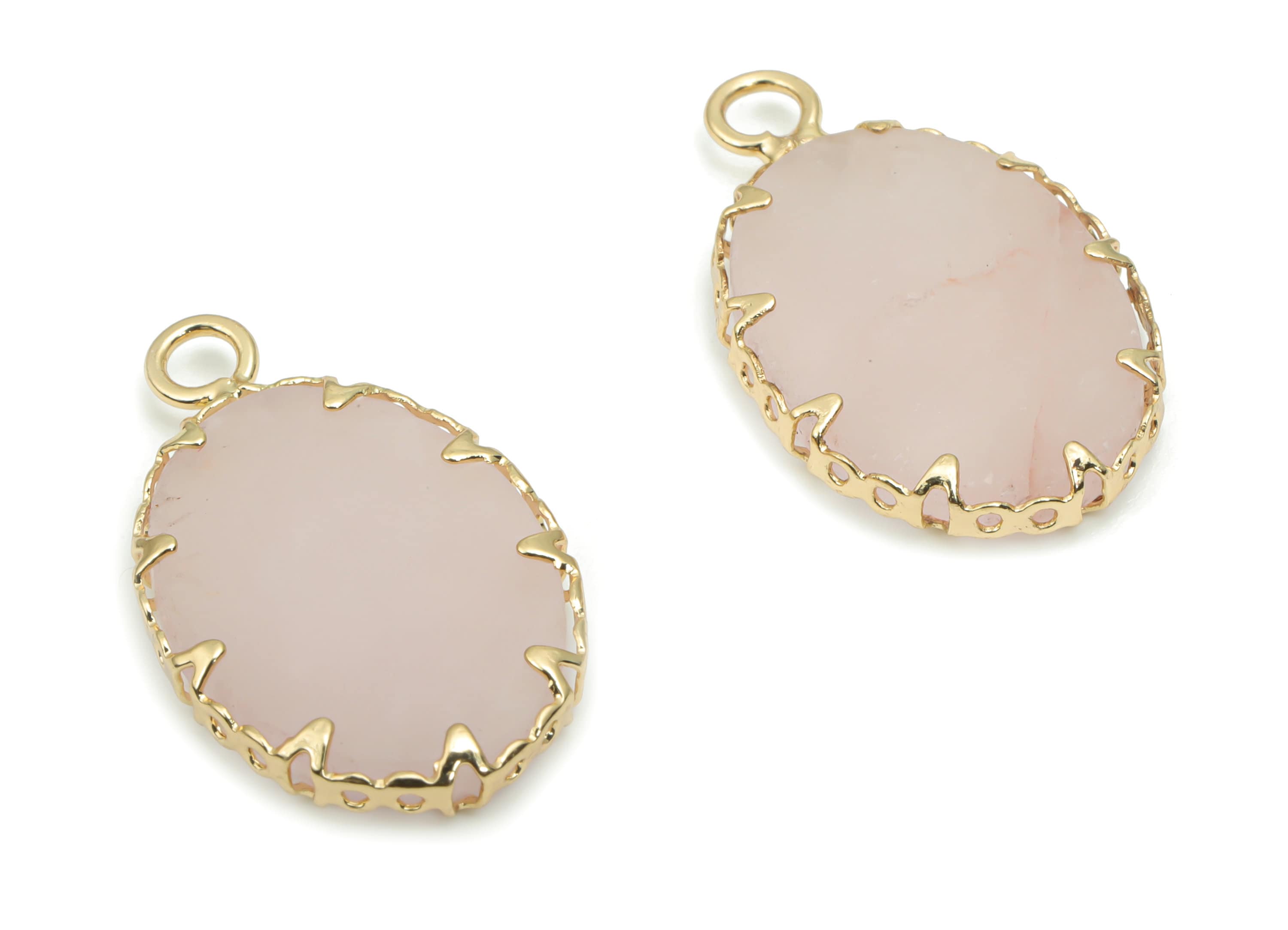 Rose Crystal Quartz Oval Charms - Brass Frame Pendant - Iron Loop - Natural Stone - Gold Tone Plated Brass – 22.97x14.31x2.94mm – NS1572C - DOMEDBAZAAR