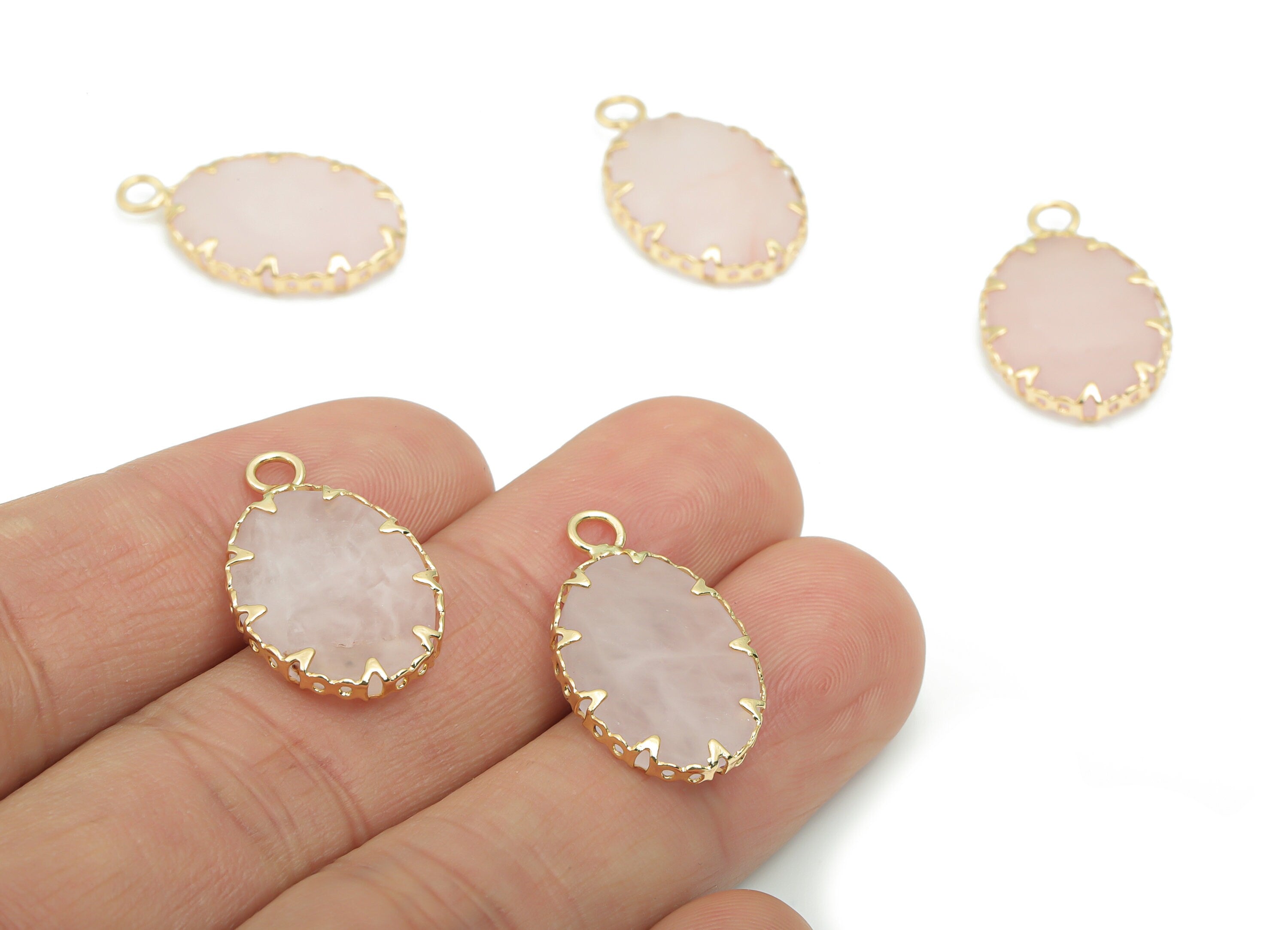 Rose Crystal Quartz Oval Charms - Brass Frame Pendant - Iron Loop - Natural Stone - Gold Tone Plated Brass – 22.97x14.31x2.94mm – NS1572C - DOMEDBAZAAR