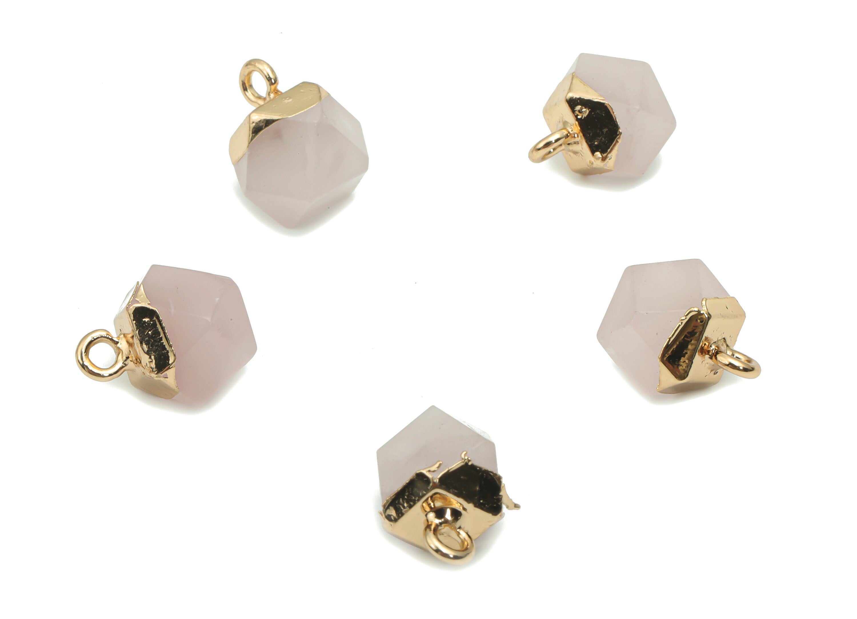 Rose Crystal Quartz Hexagon Charms - Brass Hexagon Pendant - Iron Loop - Natural Stone - Gold Tone Plated Brass – 12.57x8.45x8.2mm – NS1580E - DOMEDBAZAAR