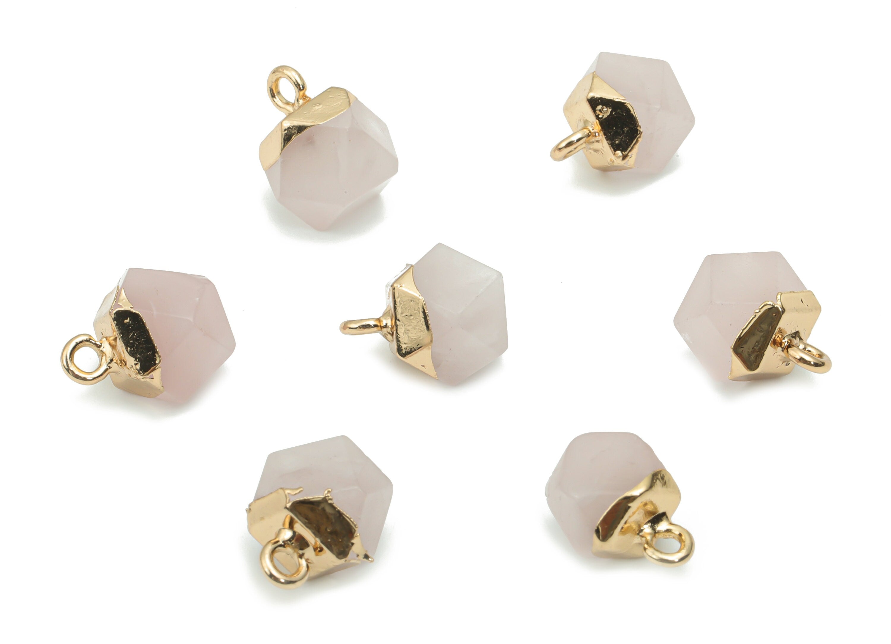 Rose Crystal Quartz Hexagon Charms - Brass Hexagon Pendant - Iron Loop - Natural Stone - Gold Tone Plated Brass – 12.57x8.45x8.2mm – NS1580E - DOMEDBAZAAR