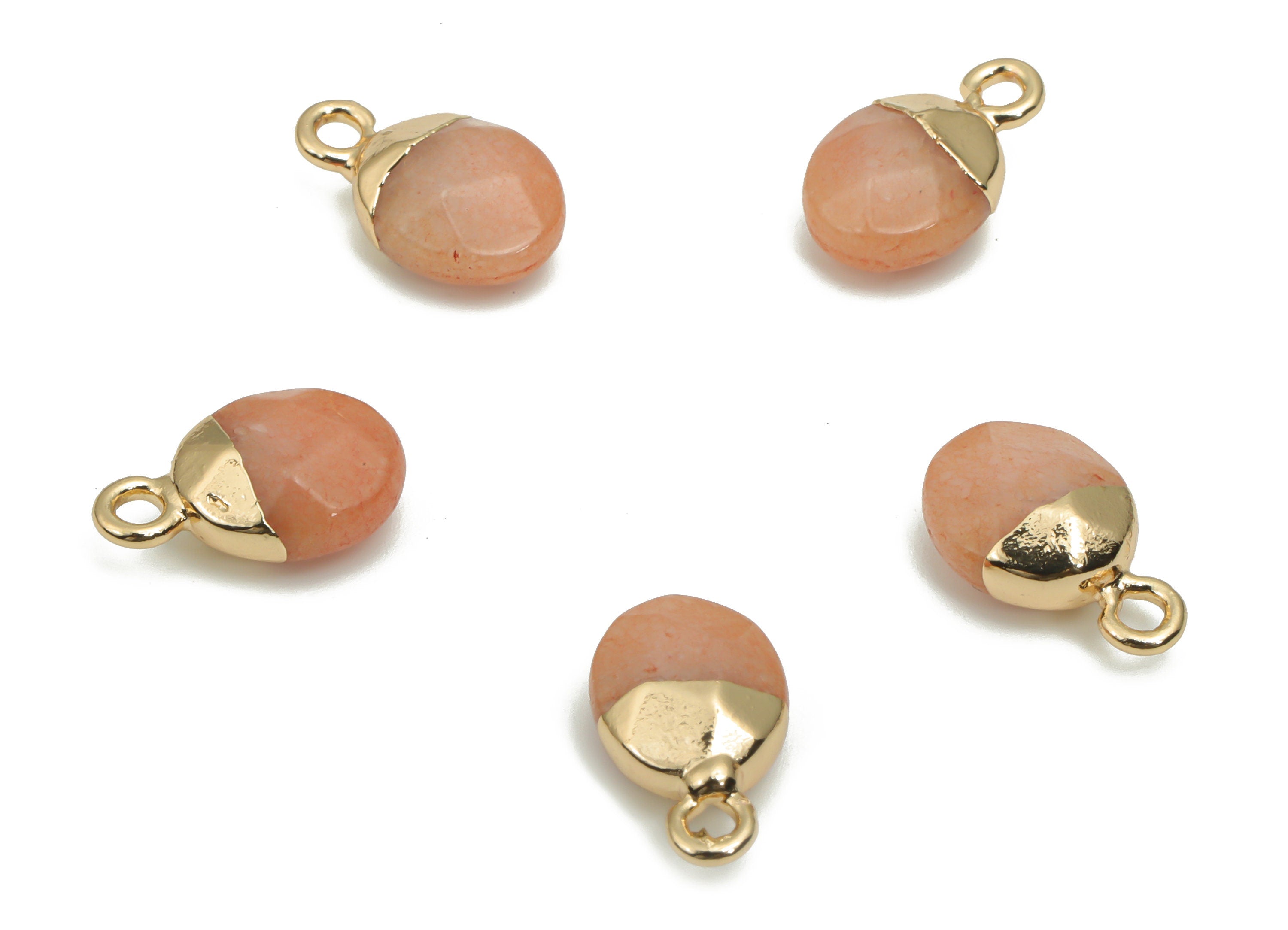 Orange Jade Mini Round Earring Charms - Brass Circle Pendant - Iron Loop - Faceted Stone - Gold Tone Plated Brass – 13.52x8.1x5.3mm– NS1577K - DOMEDBAZAAR