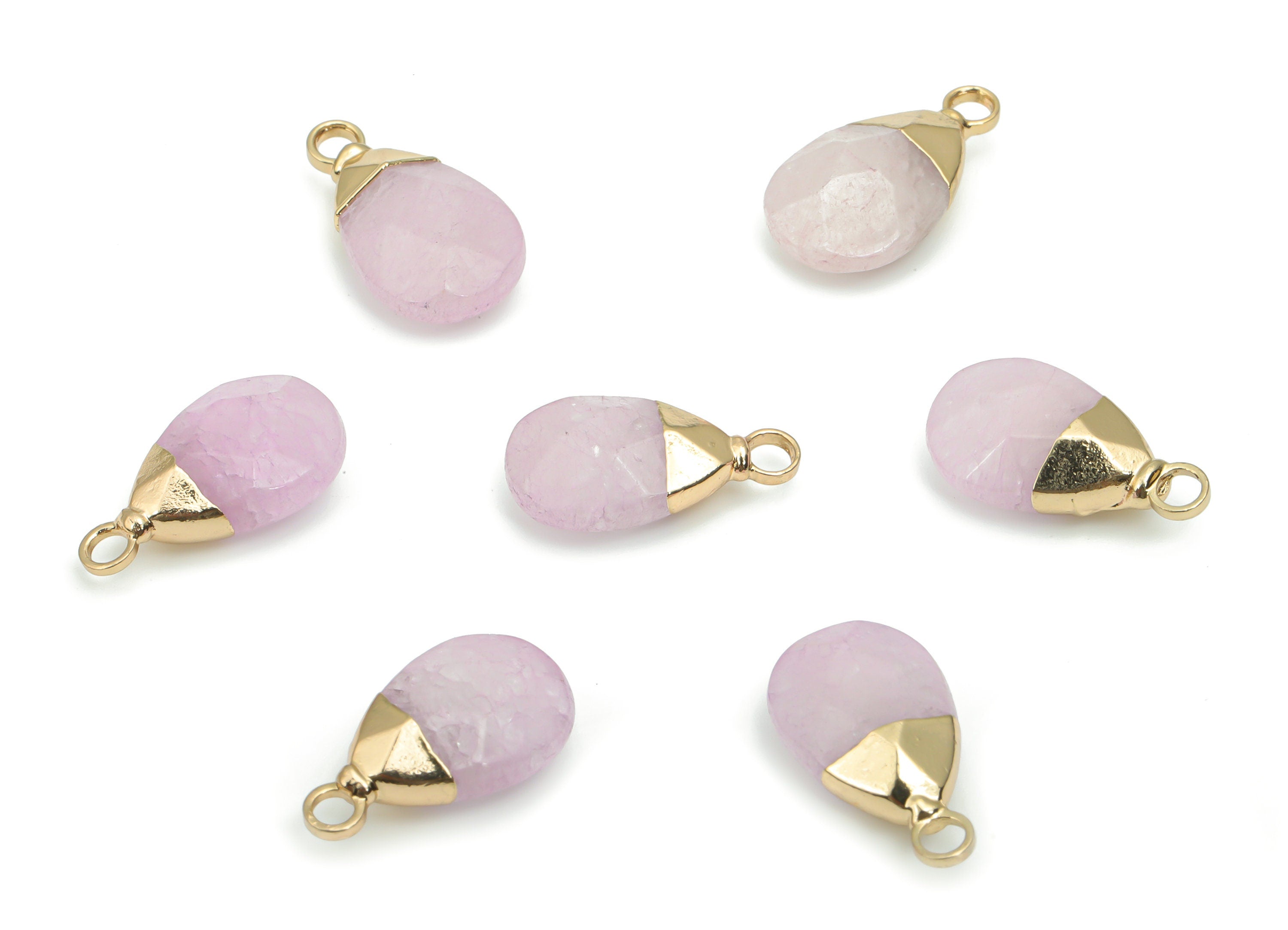 Rose Quartz Drop Earring Charms - Brass Drop Pendant - Iron Loop - Faceted Stone - Gold Tone Plated Brass – 18.09x10.33x5.91mm – NS1569F - DOMEDBAZAAR