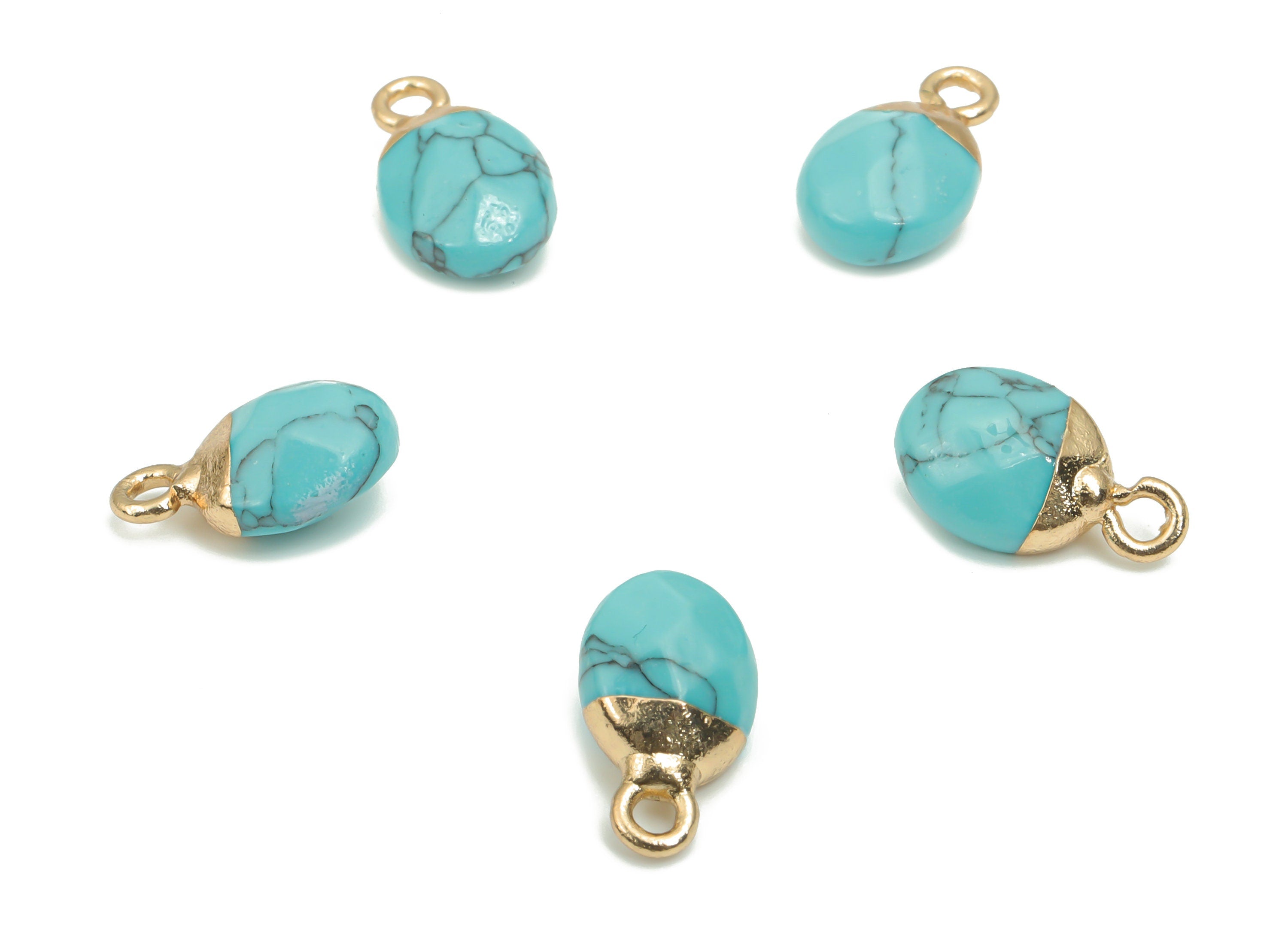 Blue Turquoise Mini Round Charms - Brass Circle Pendant - Iron Loop - Faceted Stone - Gold Tone Plated Brass – 13.52x8.1x5.3mm – NS1577G - DOMEDBAZAAR