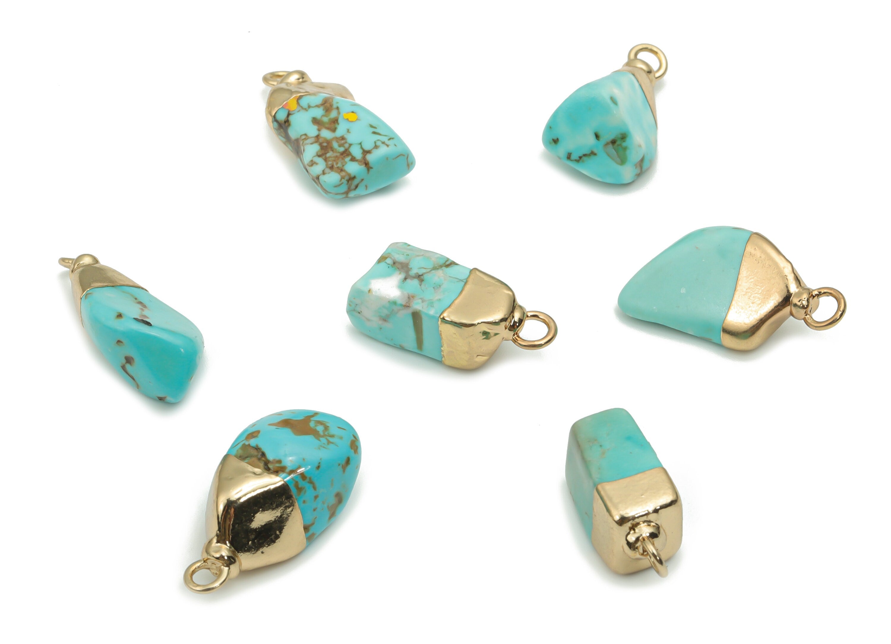 Blue Turquoise Earring Charms - Brass Irregular Pendant - Iron Loop - Fumbled Stone - Gold Tone Plated Brass – 18.39x11.71x7.28mm – NS1583 - DOMEDBAZAAR