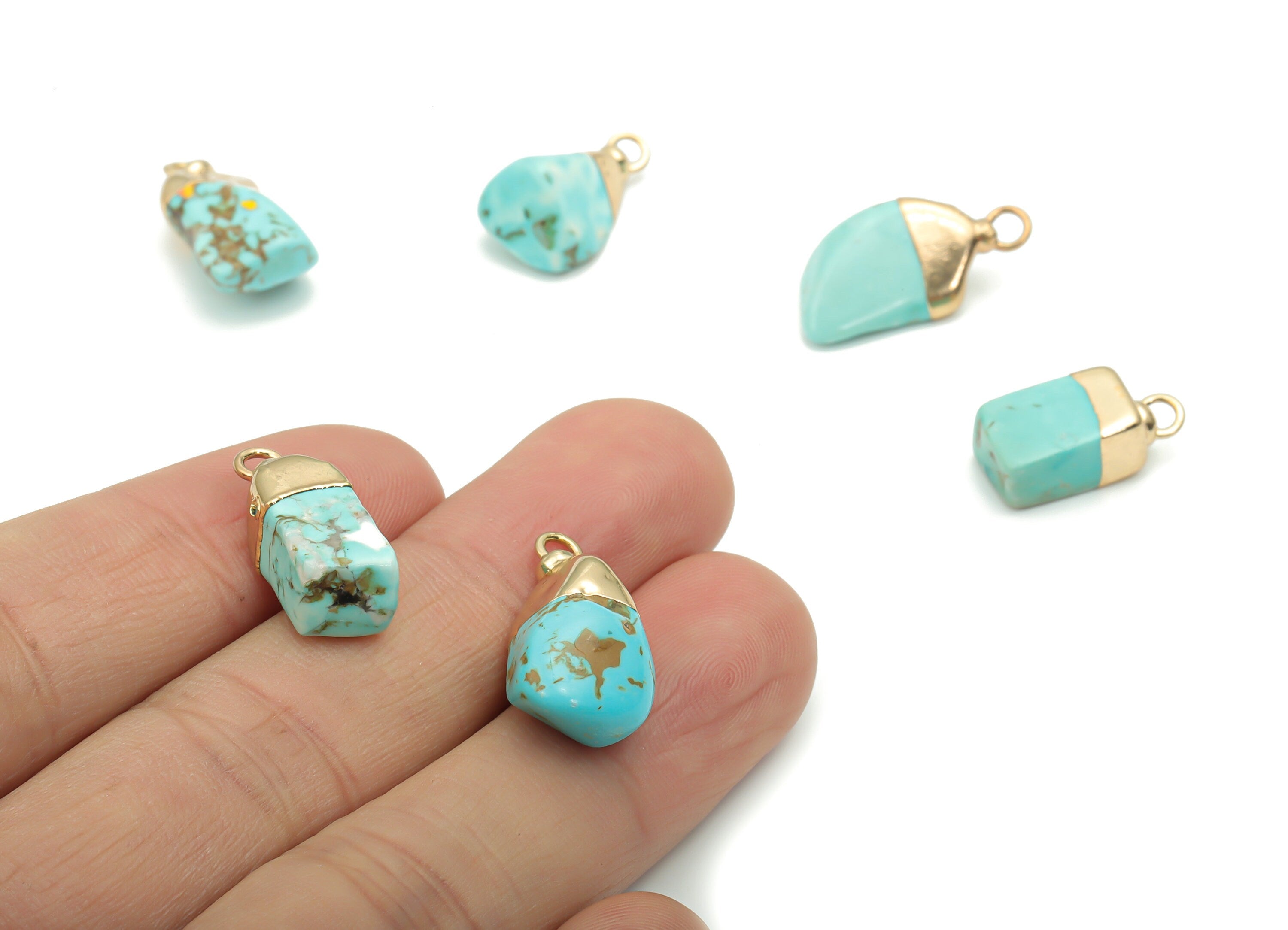 Blue Turquoise Earring Charms - Brass Irregular Pendant - Iron Loop - Fumbled Stone - Gold Tone Plated Brass – 18.39x11.71x7.28mm – NS1583 - DOMEDBAZAAR