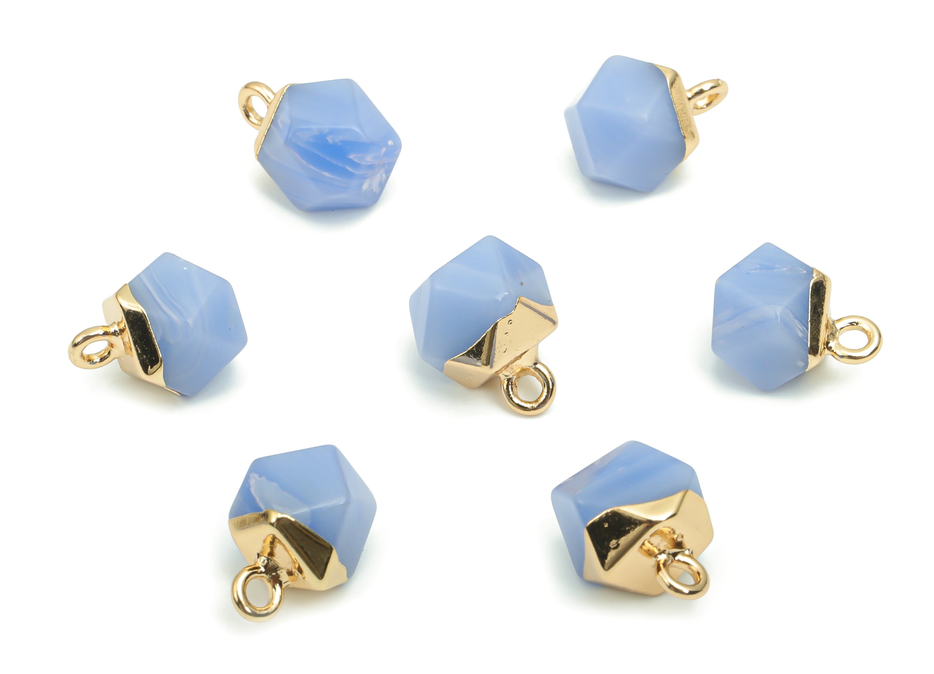 Blue Agate Hexagon Charms - Brass Hexagon Pendant - Iron Loop - Natural Stone - Gold Tone Plated Brass – 12.57x8.45x8.2mm – NS1580H - DOMEDBAZAAR