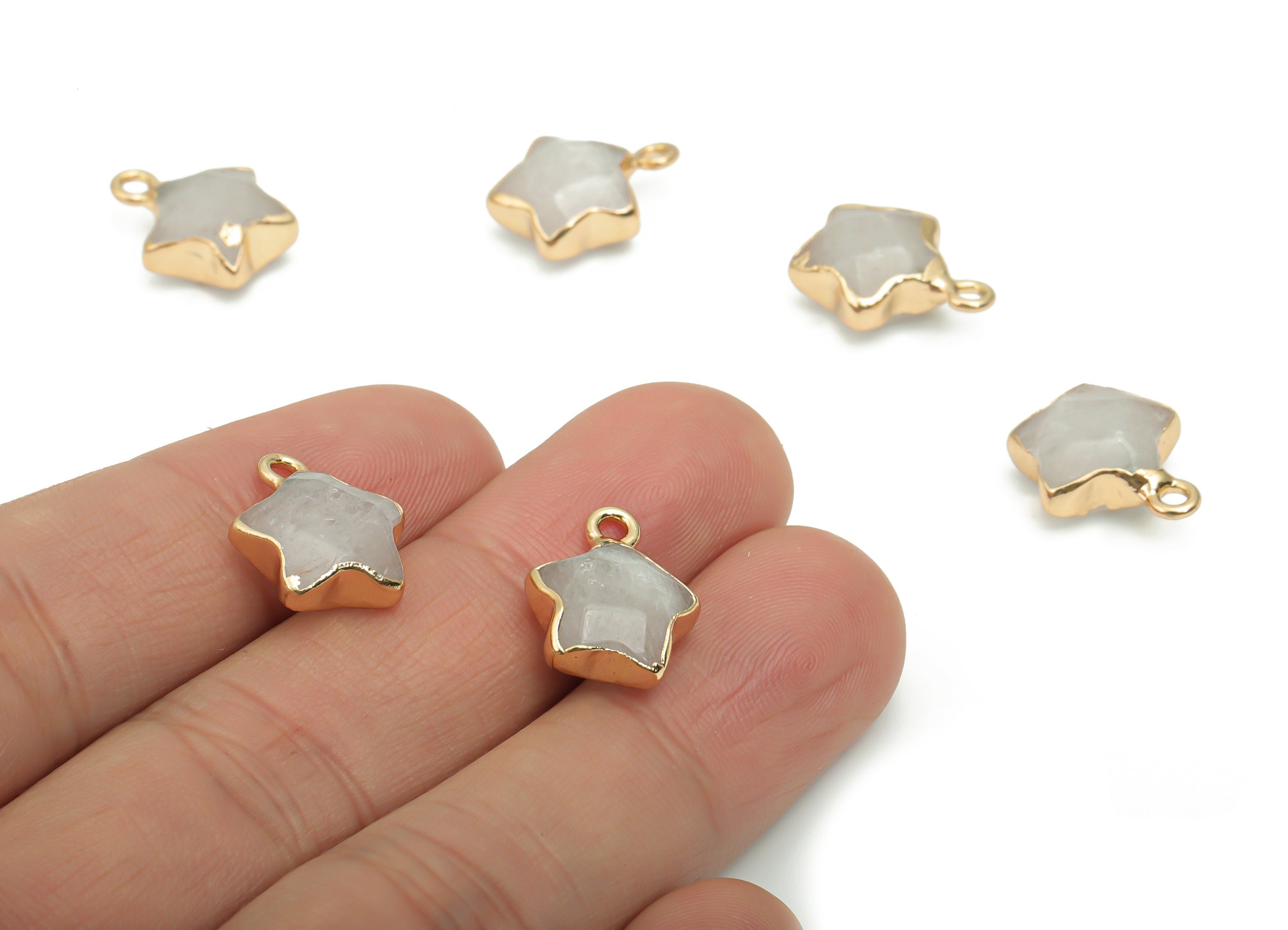 Clear Quartz Mini Star Earring Charms - Brass Star Pendant - Iron Loop - Natural Stone - Gold Tone Plated Brass – 15.94x12.9x6.5mm – NS1579F - DOMEDBAZAAR