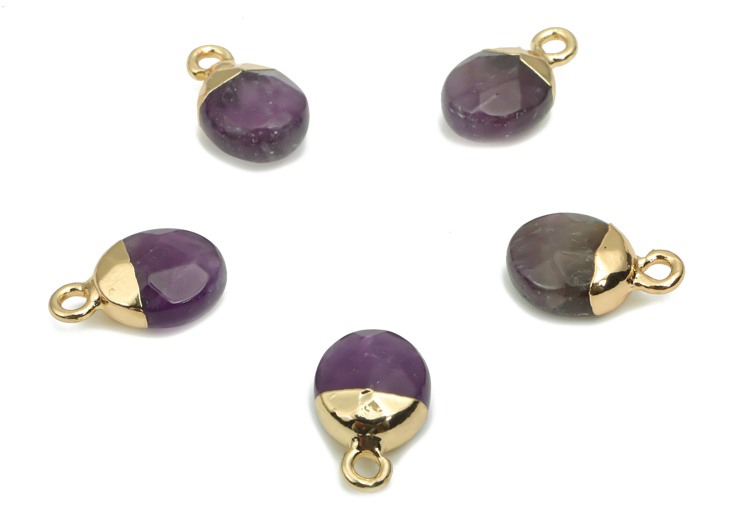Amethyst Mini Round Earring Charms - Brass Circle Pendant - Iron Loop - Faceted Stone - Gold Tone Plated Brass – 13.52x8.1x5.3mm – NS1577D - DOMEDBAZAAR