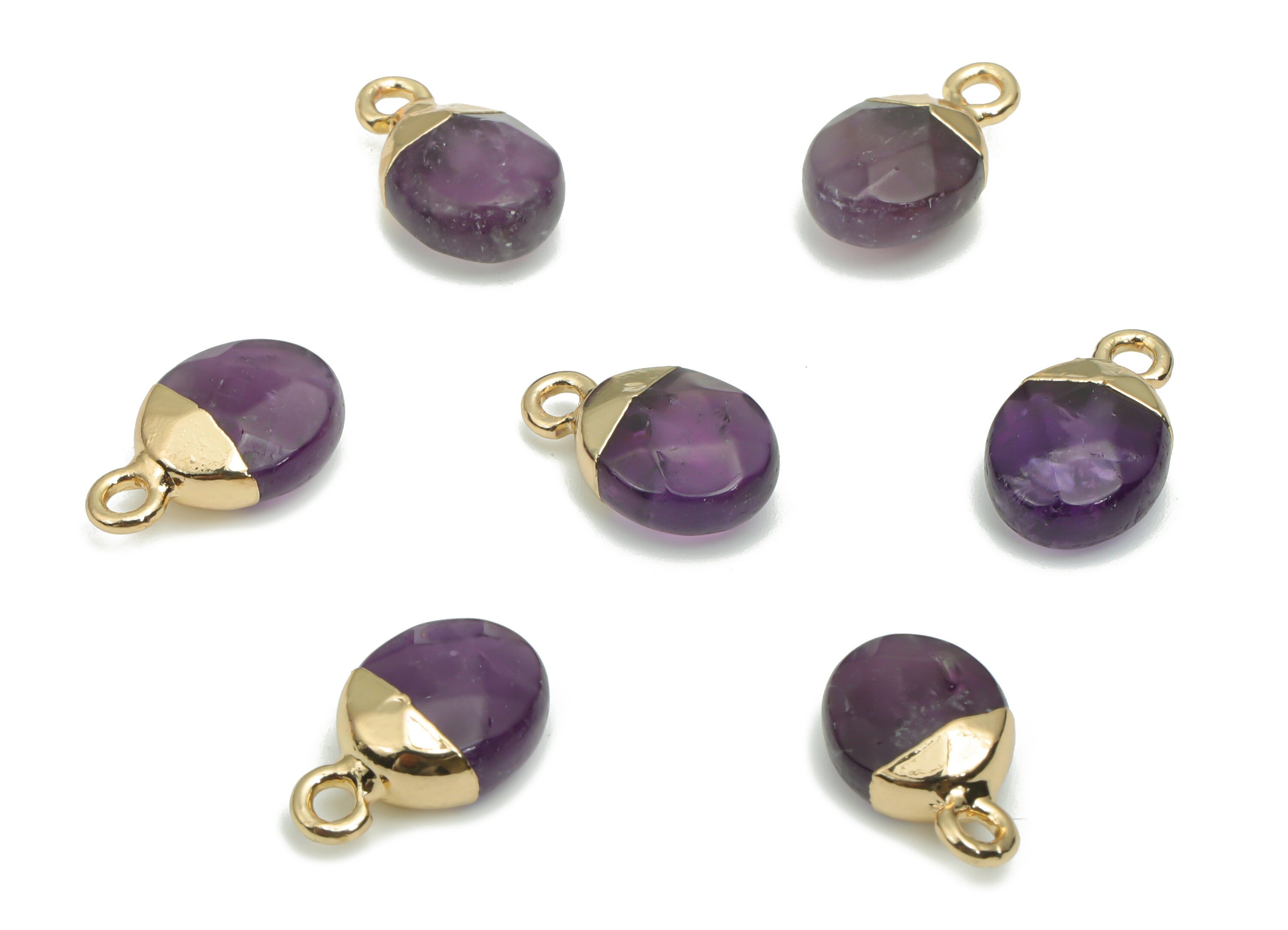 Amethyst Mini Round Earring Charms - Brass Circle Pendant - Iron Loop - Faceted Stone - Gold Tone Plated Brass – 13.52x8.1x5.3mm – NS1577D - DOMEDBAZAAR