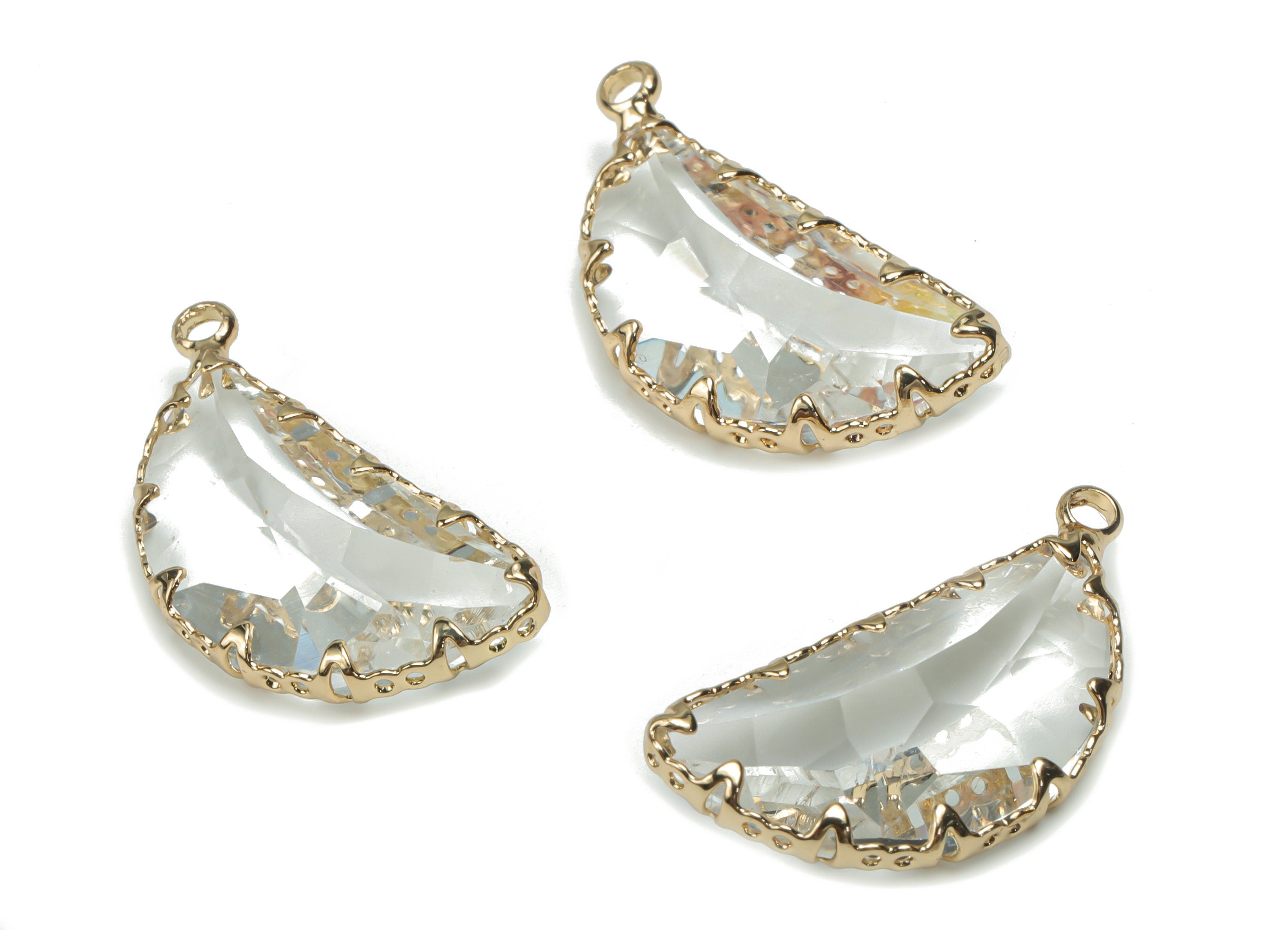 Glass Crescent Earring Charms - Brass Moon Frame Pendant - Gold Tone Plated Brass - Faceted Glass - 26.05x12.69x6.76mm - GS1077 - DOMEDBAZAAR