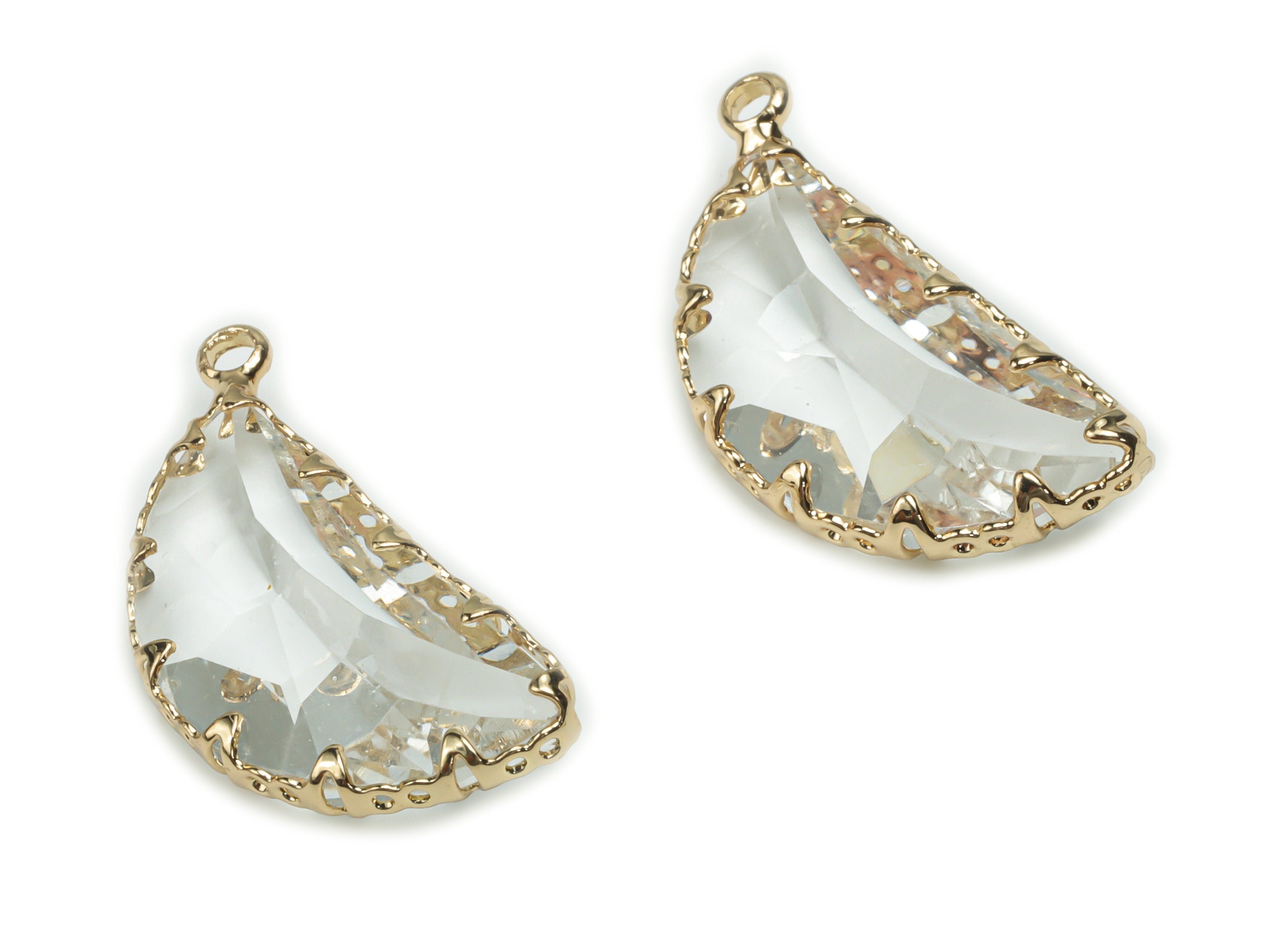 Glass Crescent Earring Charms - Brass Moon Frame Pendant - Gold Tone Plated Brass - Faceted Glass - 26.05x12.69x6.76mm - GS1077 - DOMEDBAZAAR