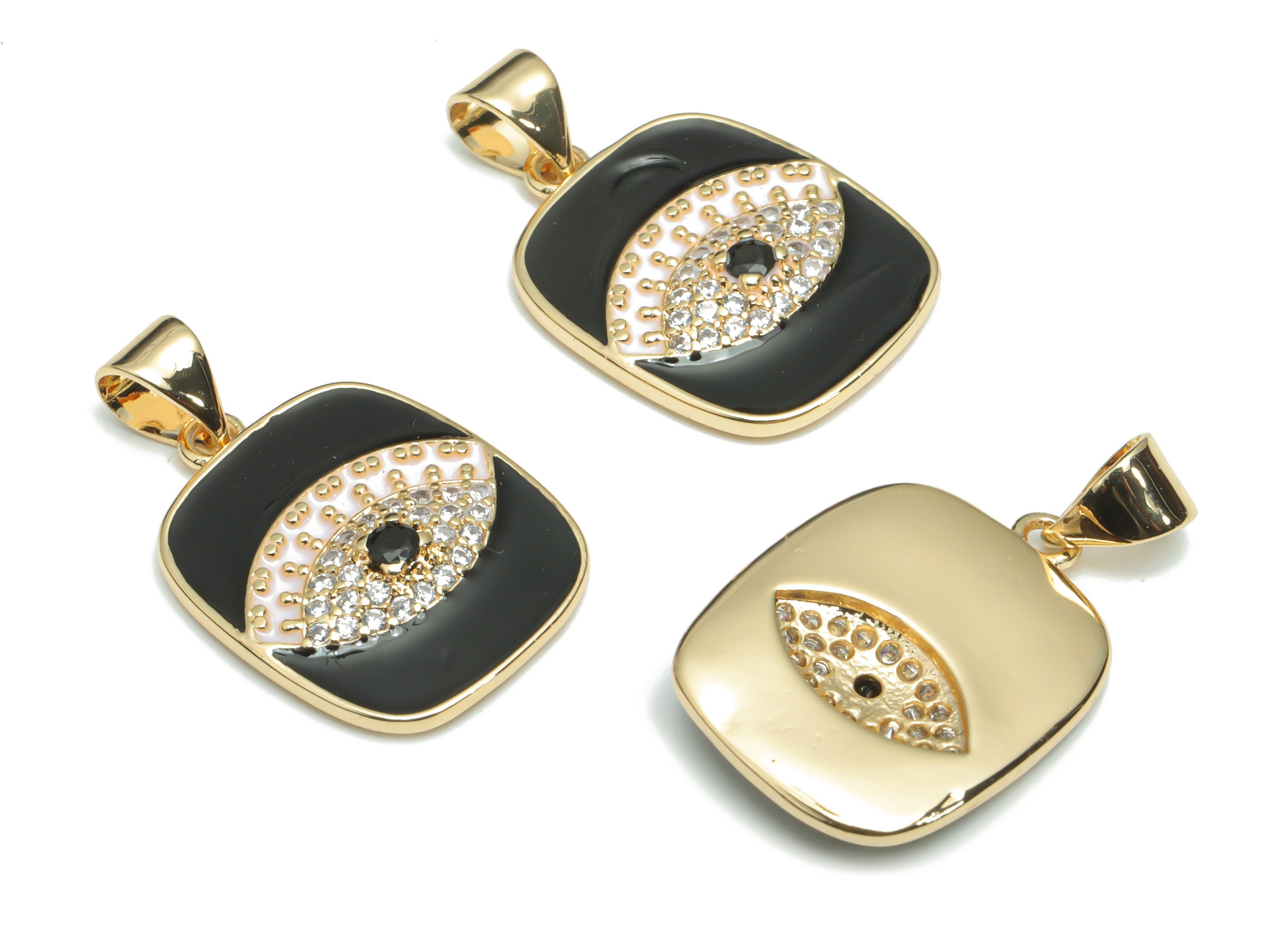 Brass Square Eye Earring Charms With Zircons - Enamel Gold Square Eyelash Pendant - 18K Real Gold Plated Brass - 24.43x14.6x3.4mm - RGP4298B - DOMEDBAZAAR