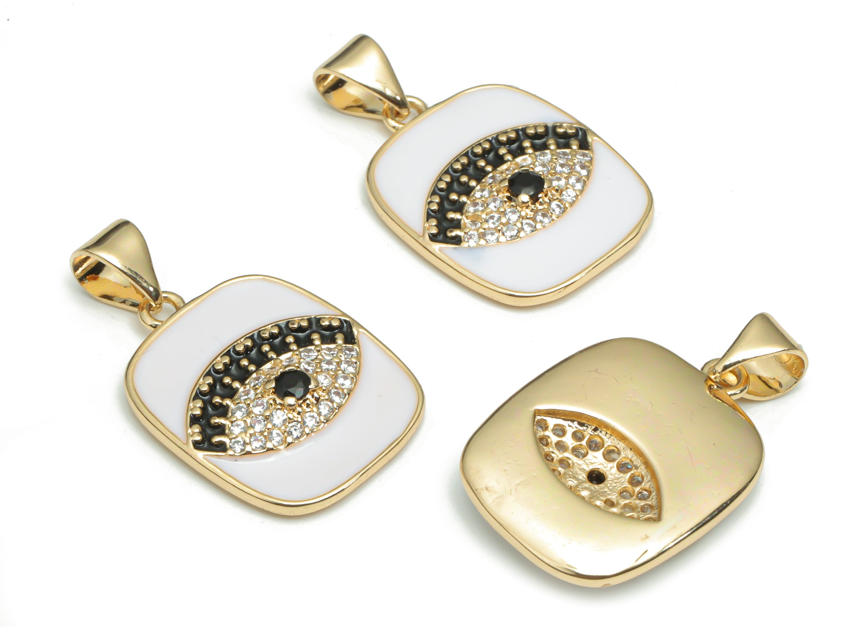 Brass Square Eye Earring Charms With Zircons - Enamel Gold Square Eyelash Pendant - 18K Real Gold Plated Brass - 24.43x14.6x3.4mm - RGP4298A - DOMEDBAZAAR