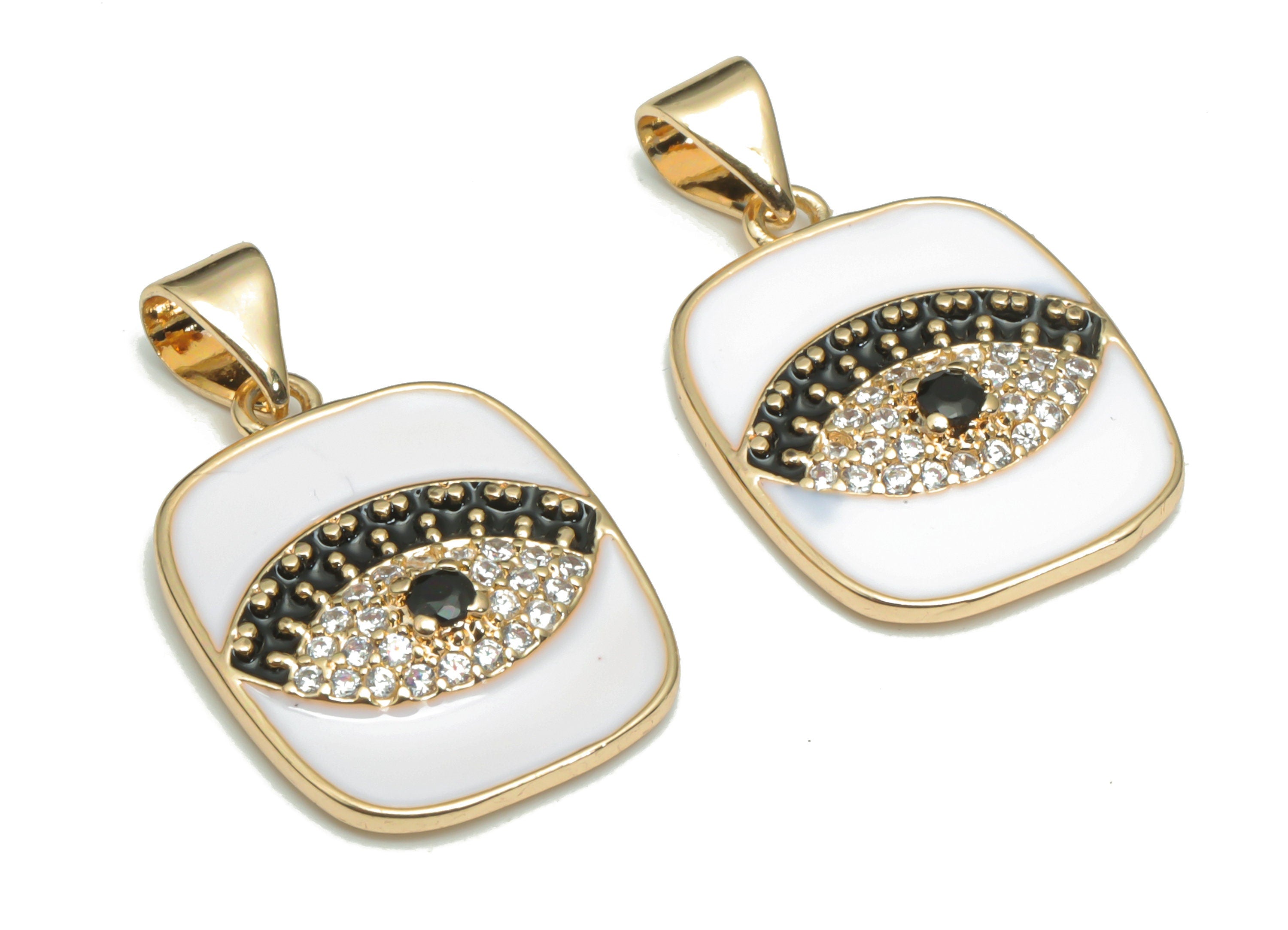 Brass Square Eye Earring Charms With Zircons - Enamel Gold Square Eyelash Pendant - 18K Real Gold Plated Brass - 24.43x14.6x3.4mm - RGP4298A - DOMEDBAZAAR