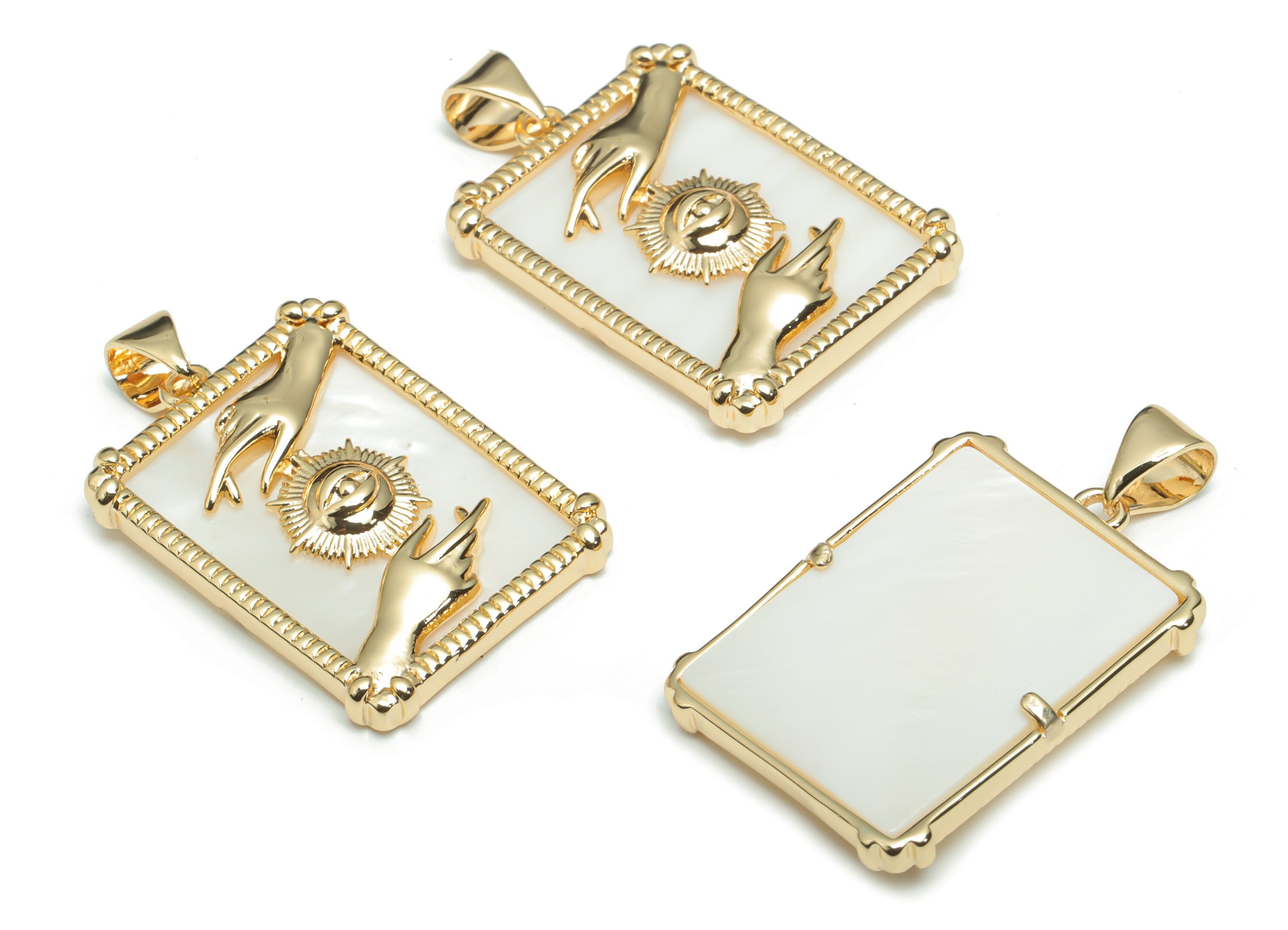 Brass Rectangle Hand Sun Charms - Gold Rectangle Eye Pendant - Shell Charm - 18K Real Gold Plated Brass - 29.18x17.8x3.08mm - RGP4300B - DOMEDBAZAAR