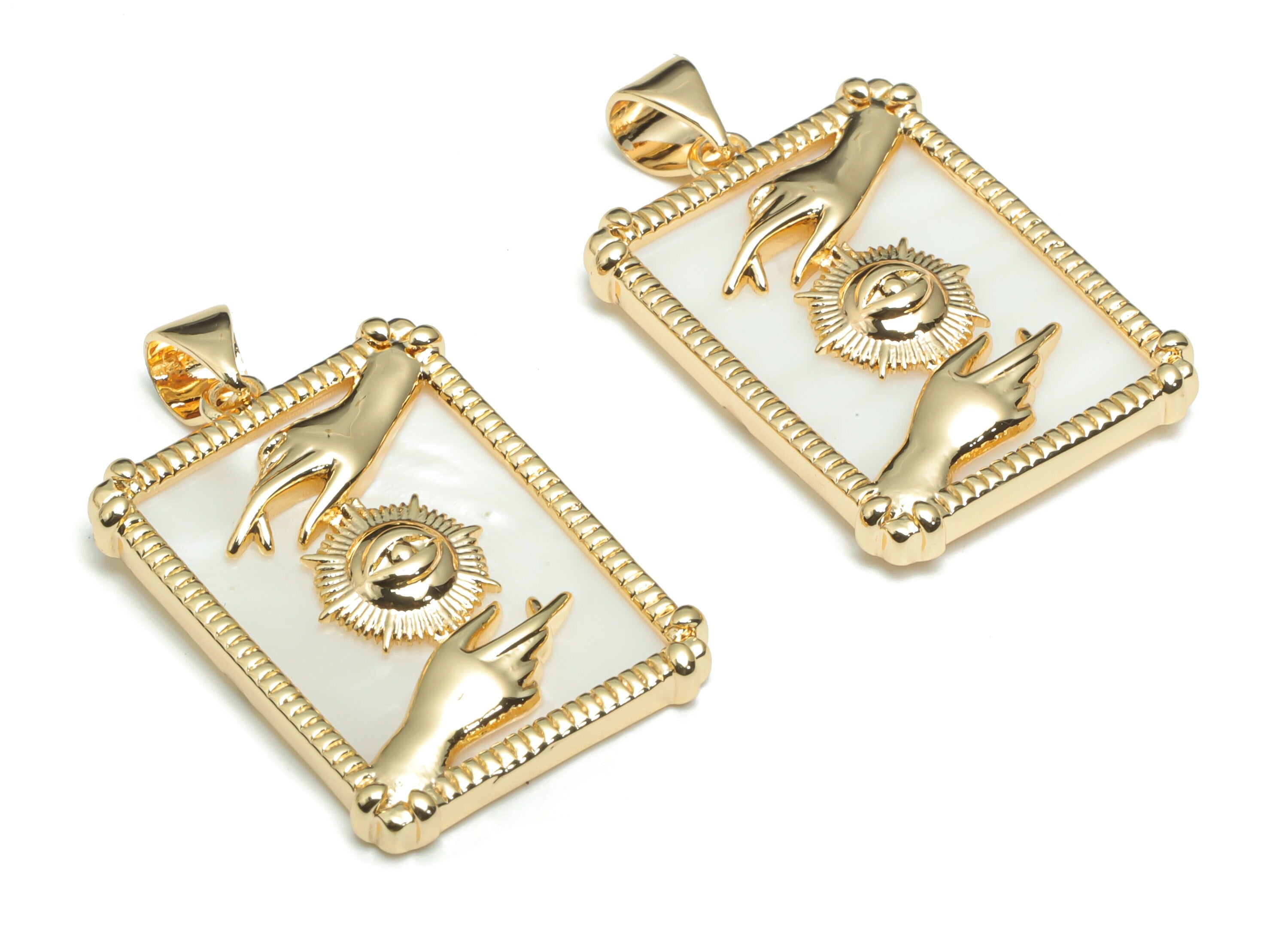 Brass Rectangle Hand Sun Charms - Gold Rectangle Eye Pendant - Shell Charm - 18K Real Gold Plated Brass - 29.18x17.8x3.08mm - RGP4300B - DOMEDBAZAAR