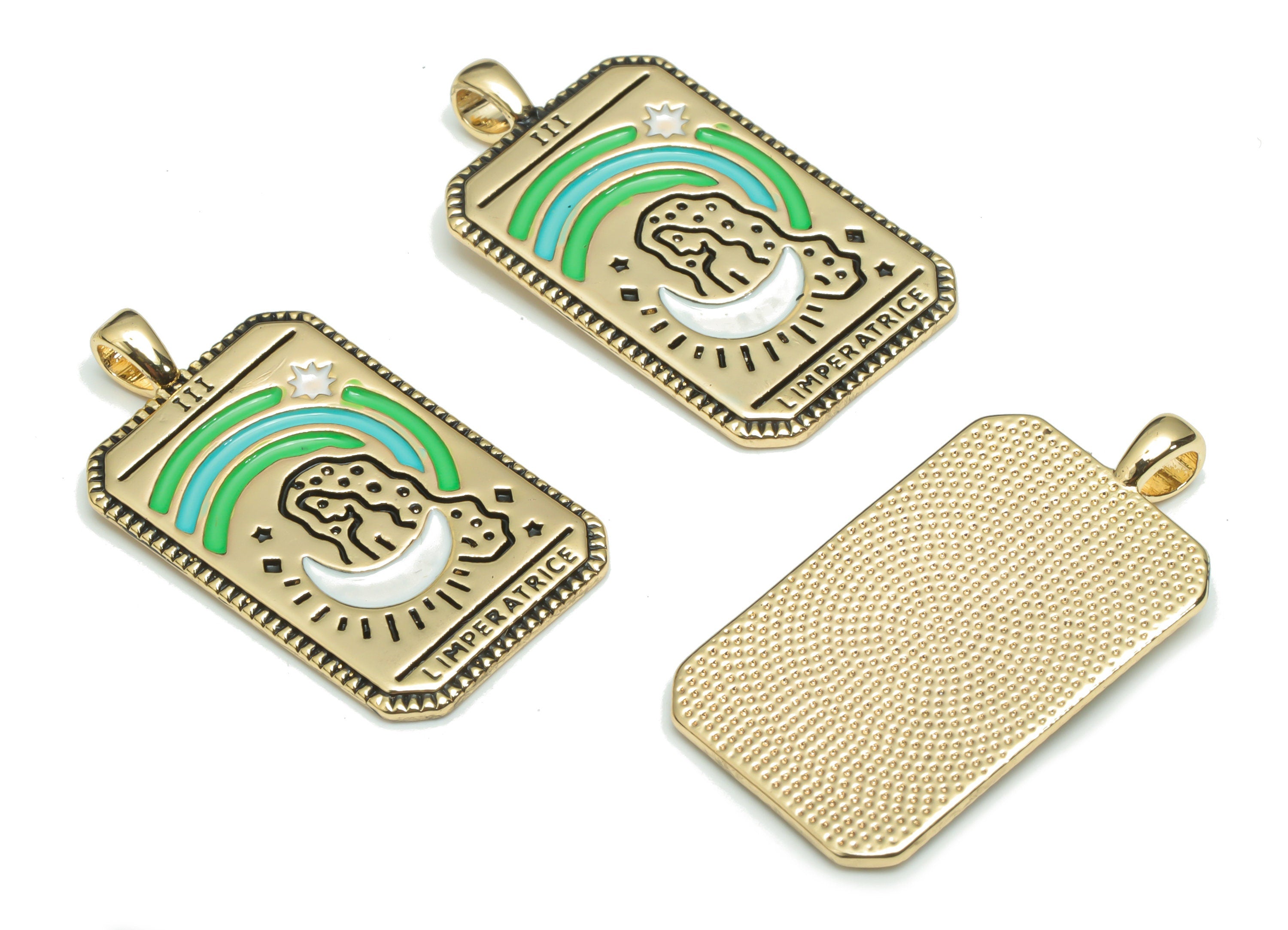 Brass Rectangle Planet Rainbow Charms With Zircons - Enamel Gold Woman Sun Moon Pendant - 18K Real Gold Plated Brass - 30x16x1mm - RGP4299 - DOMEDBAZAAR