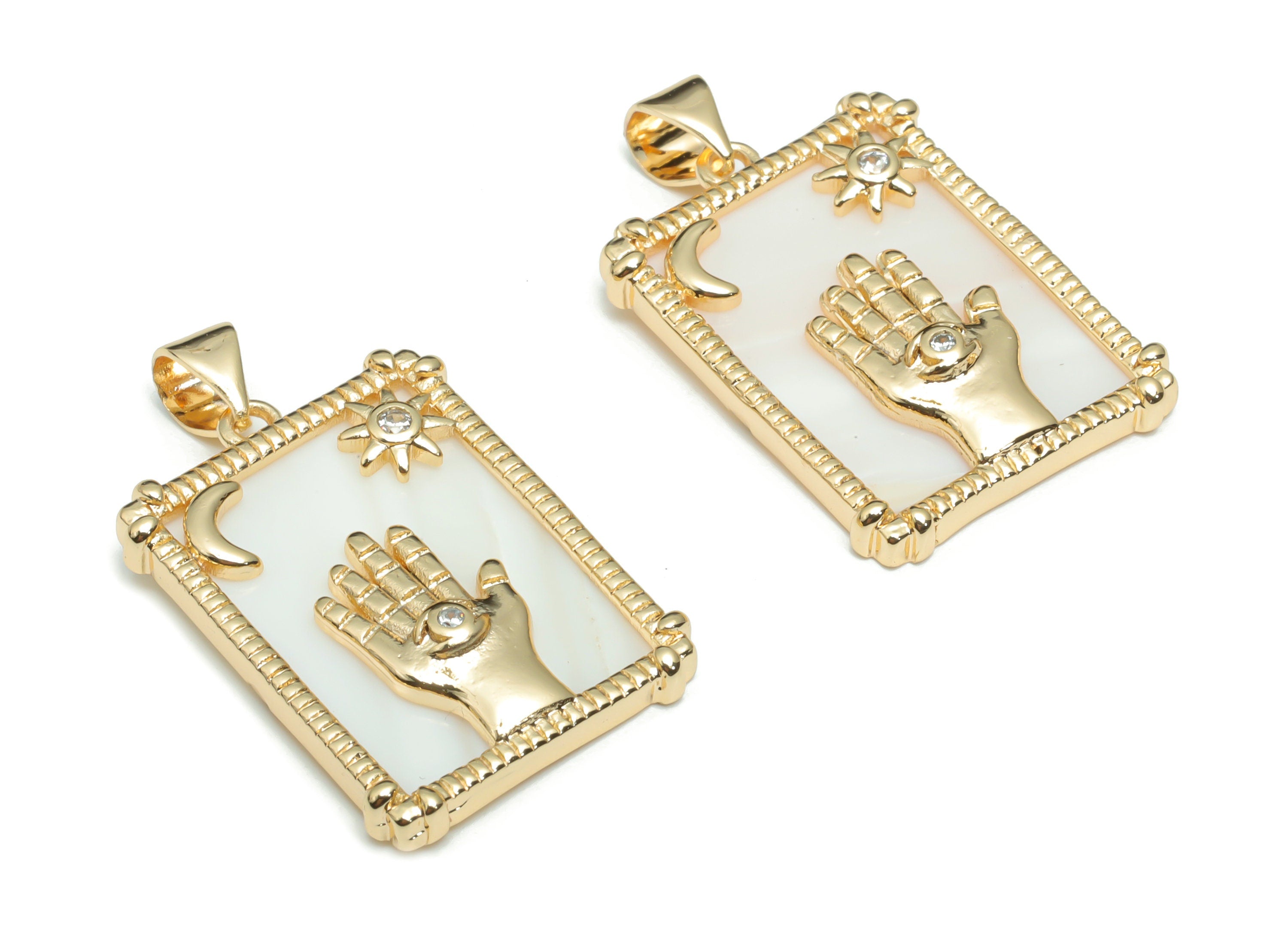 Brass Rectangle Crescent Planet Charms With Zincons - Shell Hand Sun Moon Star Eye Pendant - 18K Real Gold Plated - 29x18x3.1mm- RGP4300C - DOMEDBAZAAR