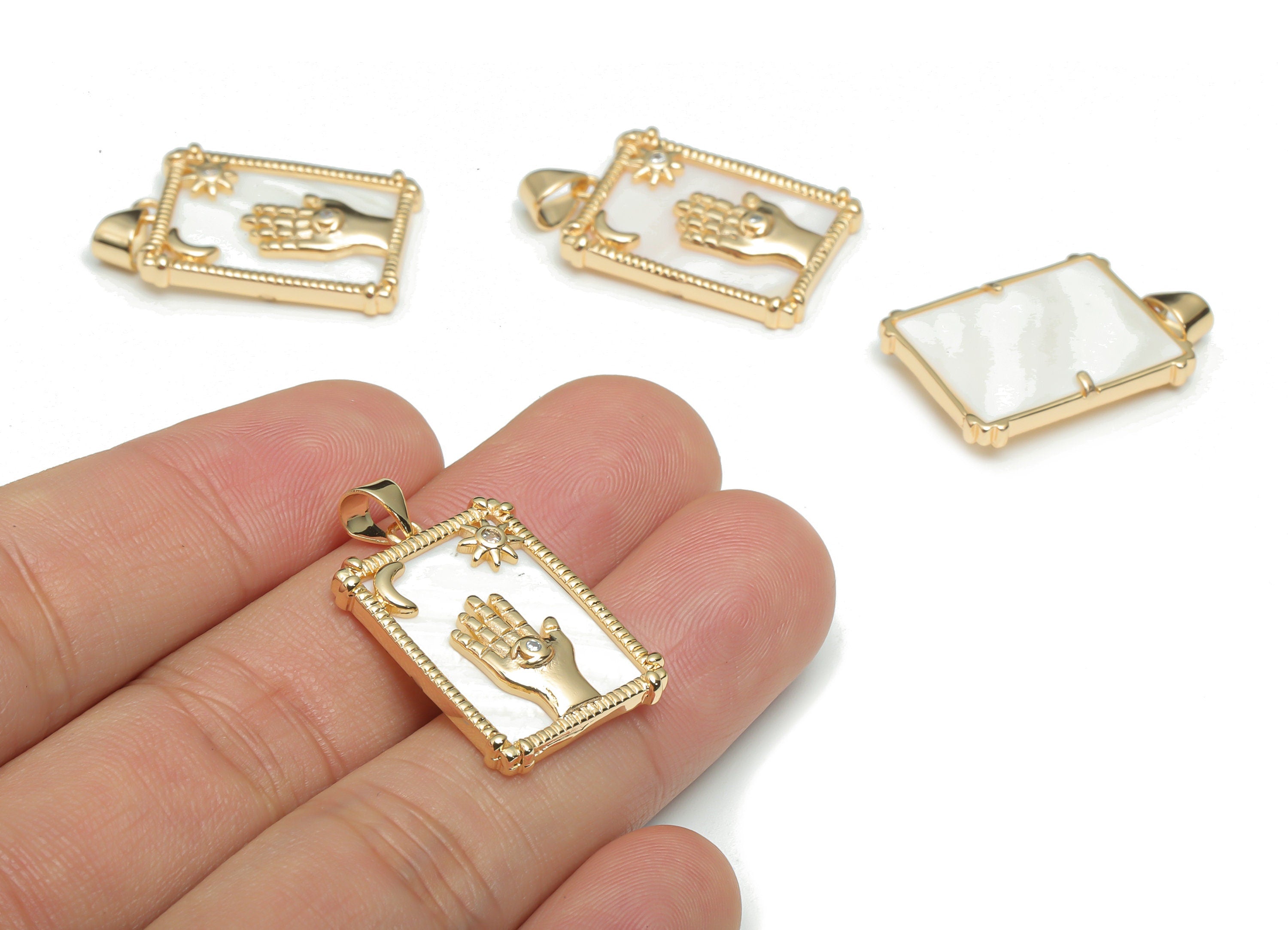 Brass Rectangle Crescent Planet Charms With Zincons - Shell Hand Sun Moon Star Eye Pendant - 18K Real Gold Plated - 29x18x3.1mm- RGP4300C - DOMEDBAZAAR