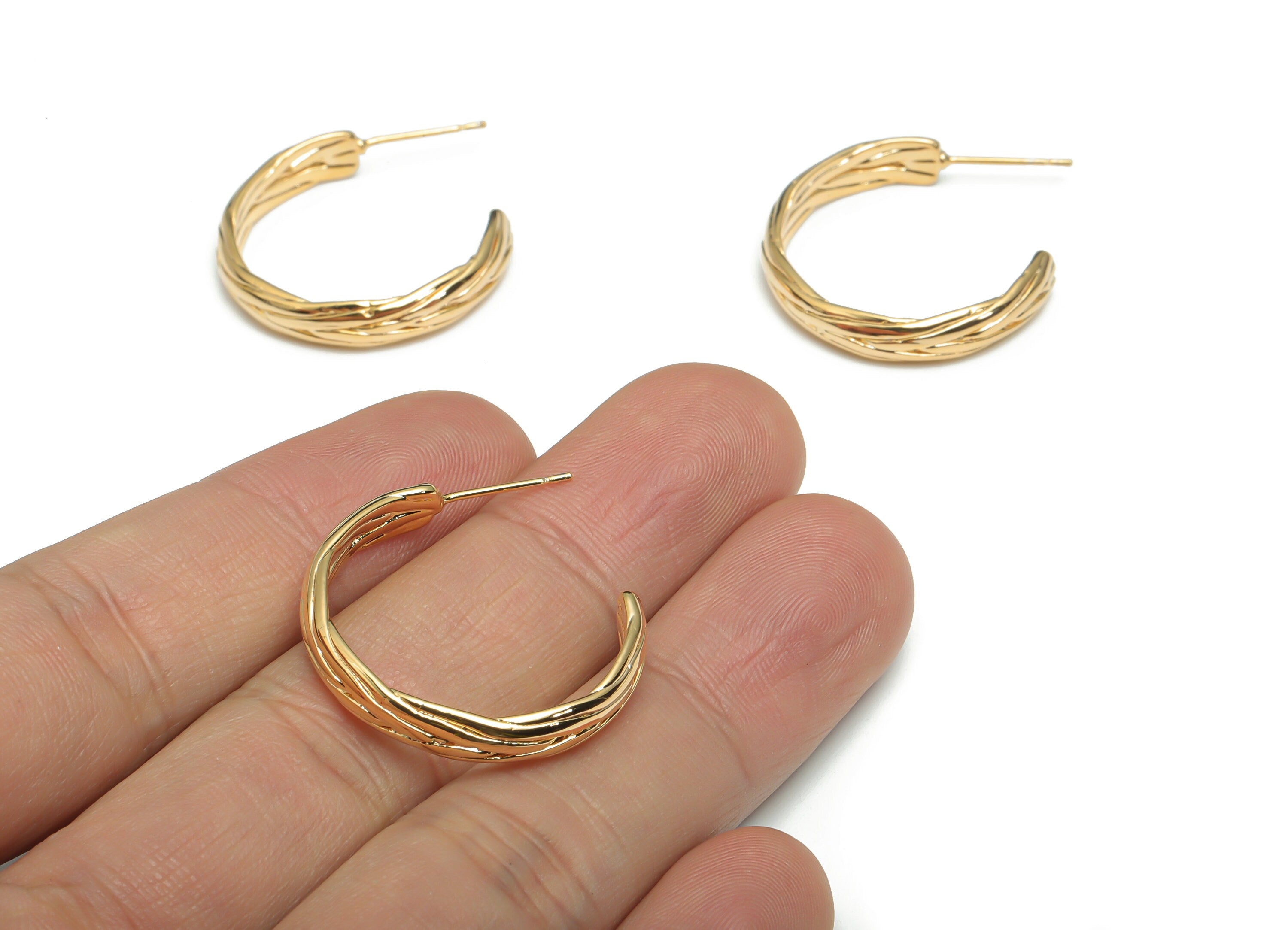 Brass C Hoop Earring Stud - Gold C Chain Hoop Earring Post - Stainless Steel Stud - 18k Real Gold Plated Brass - 27.18x24.38x1.9mm - RGP3424 - DOMEDBAZAAR