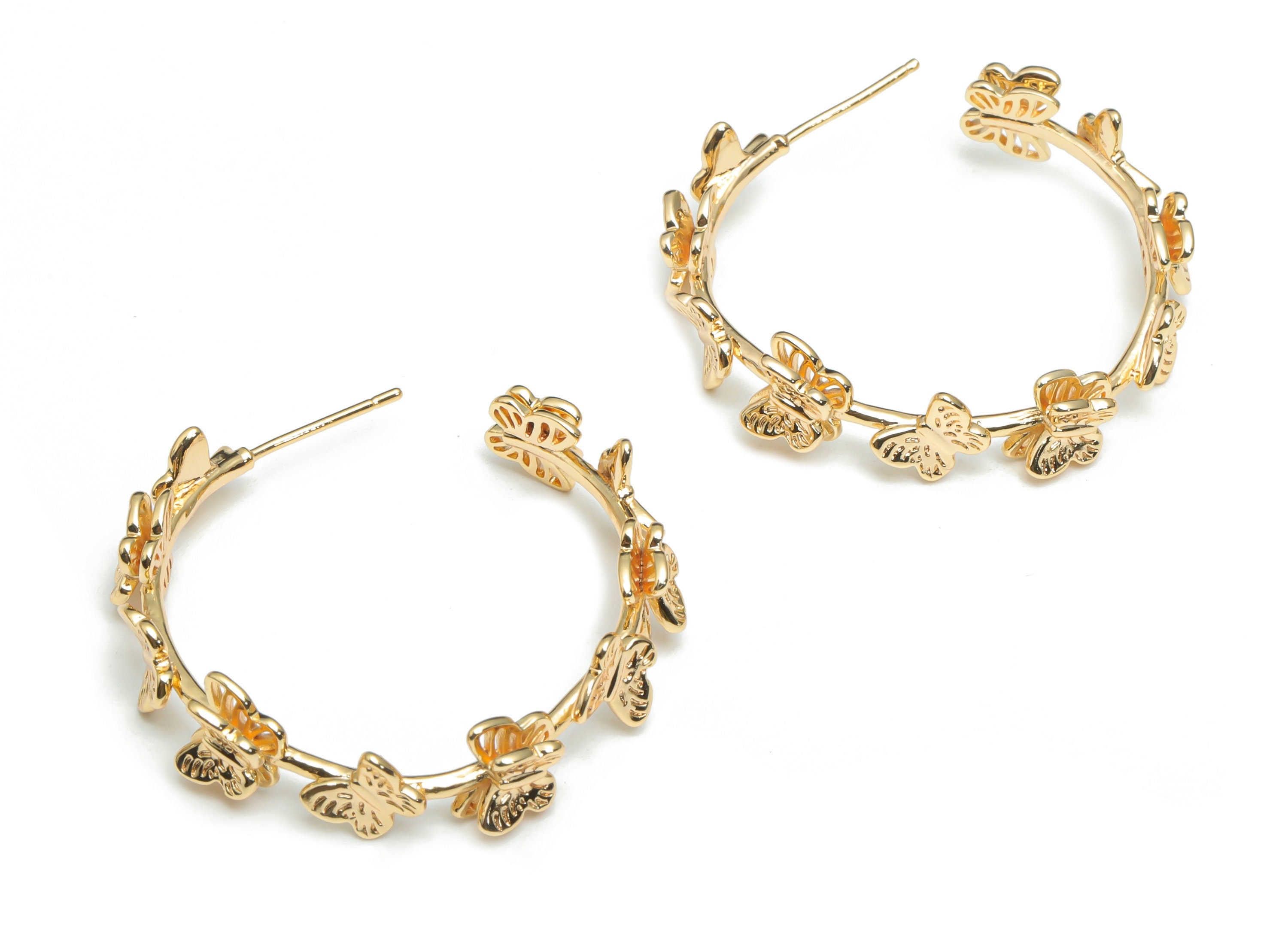 Brass Hoop Butterfly Earring Stud - Gold Hoop Butterfly Post - Stainless Steel Stud - 18k Real Gold Plated Brass - 37.2x34.1x3.5mm - RGP4303 - DOMEDBAZAAR