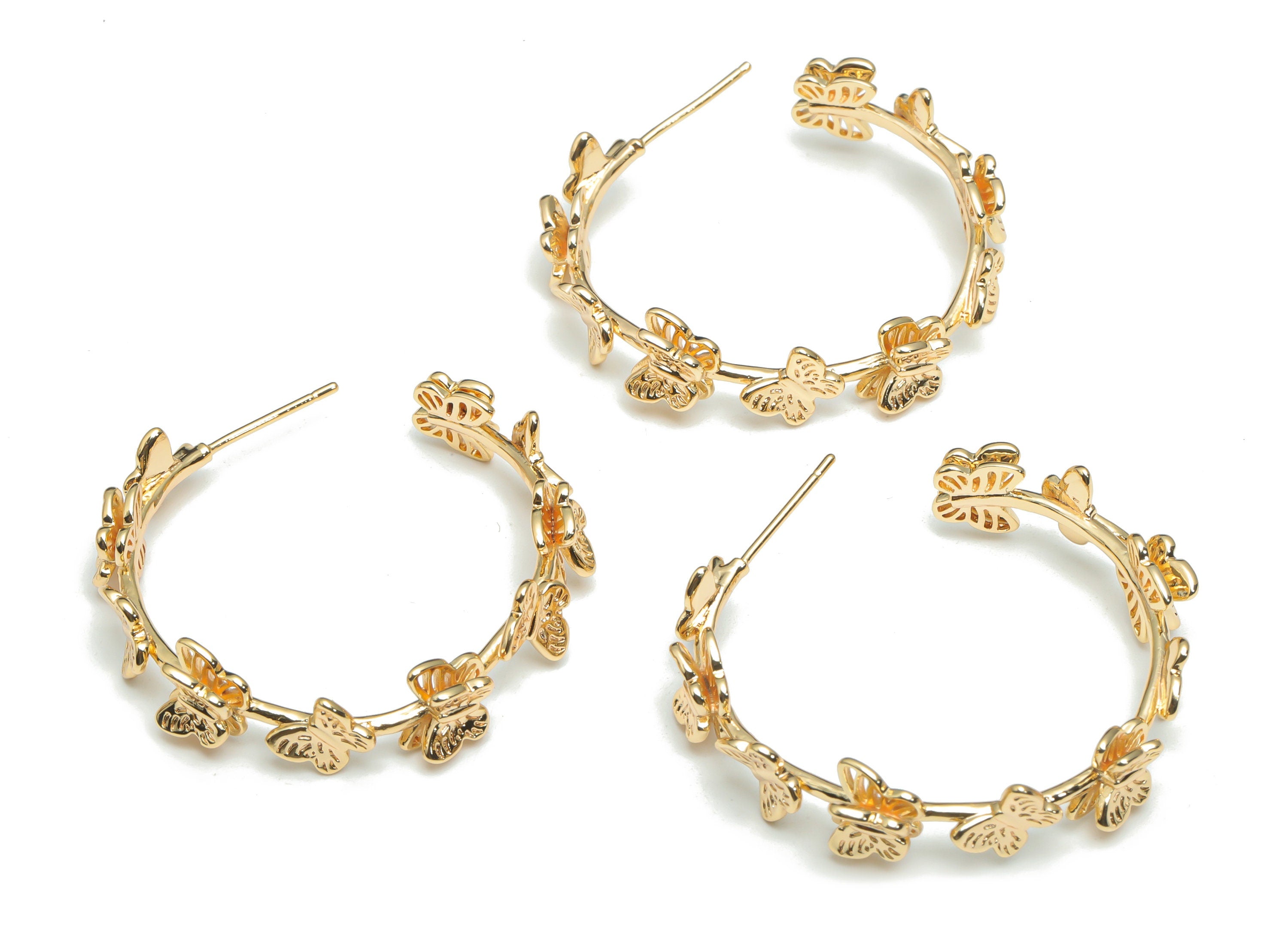 Brass Hoop Butterfly Earring Stud - Gold Hoop Butterfly Post - Stainless Steel Stud - 18k Real Gold Plated Brass - 37.2x34.1x3.5mm - RGP4303 - DOMEDBAZAAR