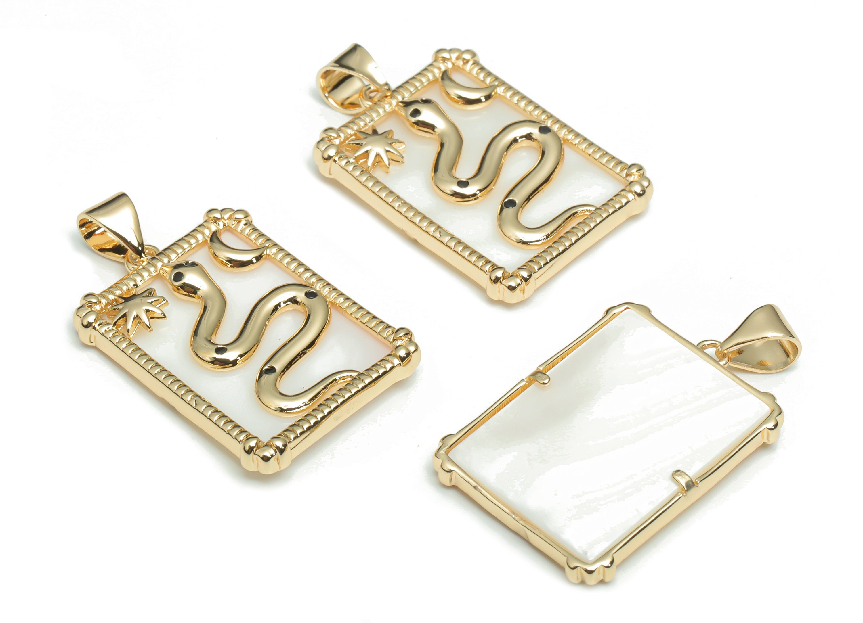 Brass Rectangle Planet Crescent Earring Charms - Shell Snake Star Moon Pendant - 18K Real Gold Plated Brass - 29.2x17.8x3.1mm - RGP4300D - DOMEDBAZAAR