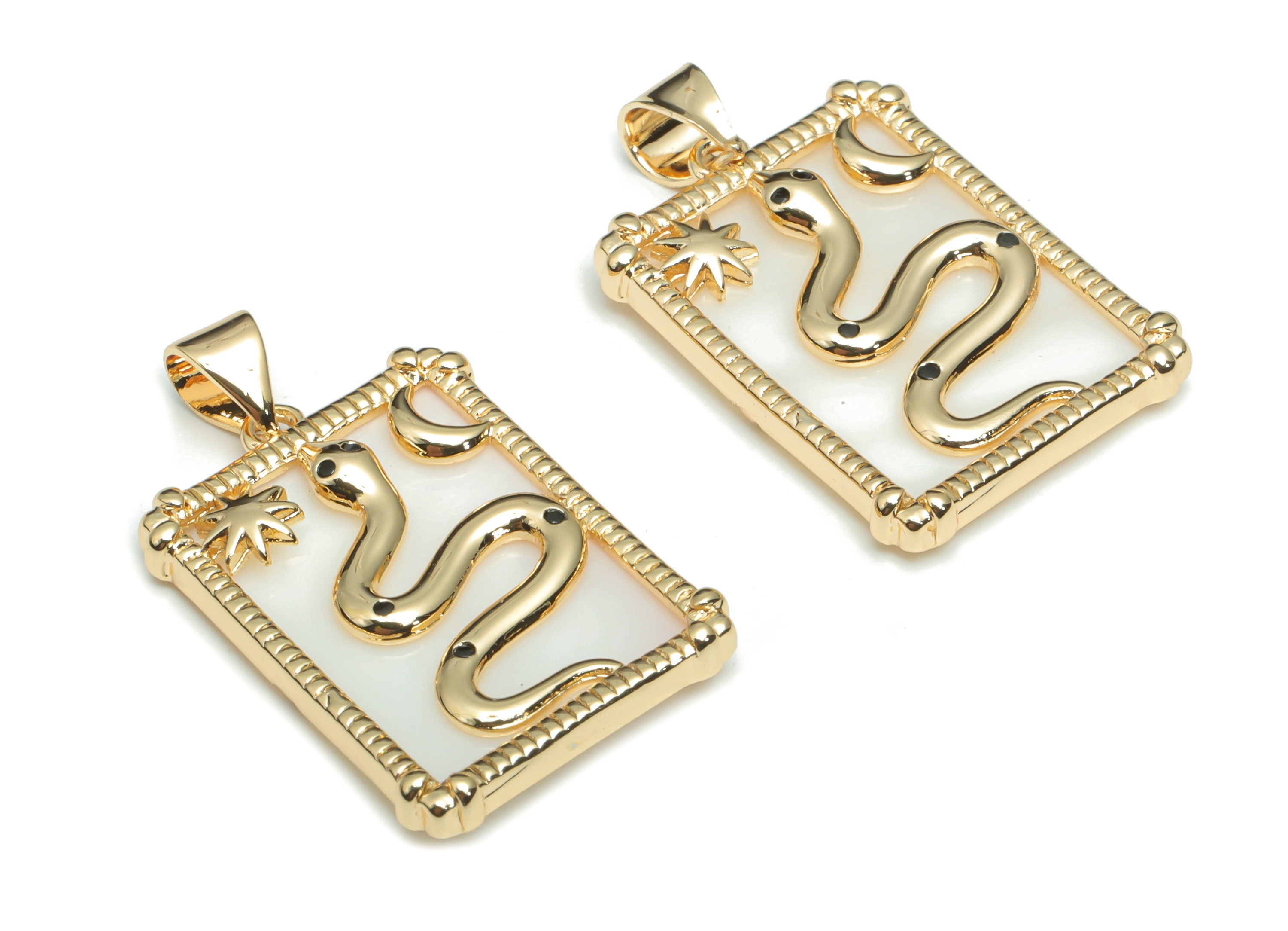 Brass Rectangle Planet Crescent Earring Charms - Shell Snake Star Moon Pendant - 18K Real Gold Plated Brass - 29.2x17.8x3.1mm - RGP4300D - DOMEDBAZAAR