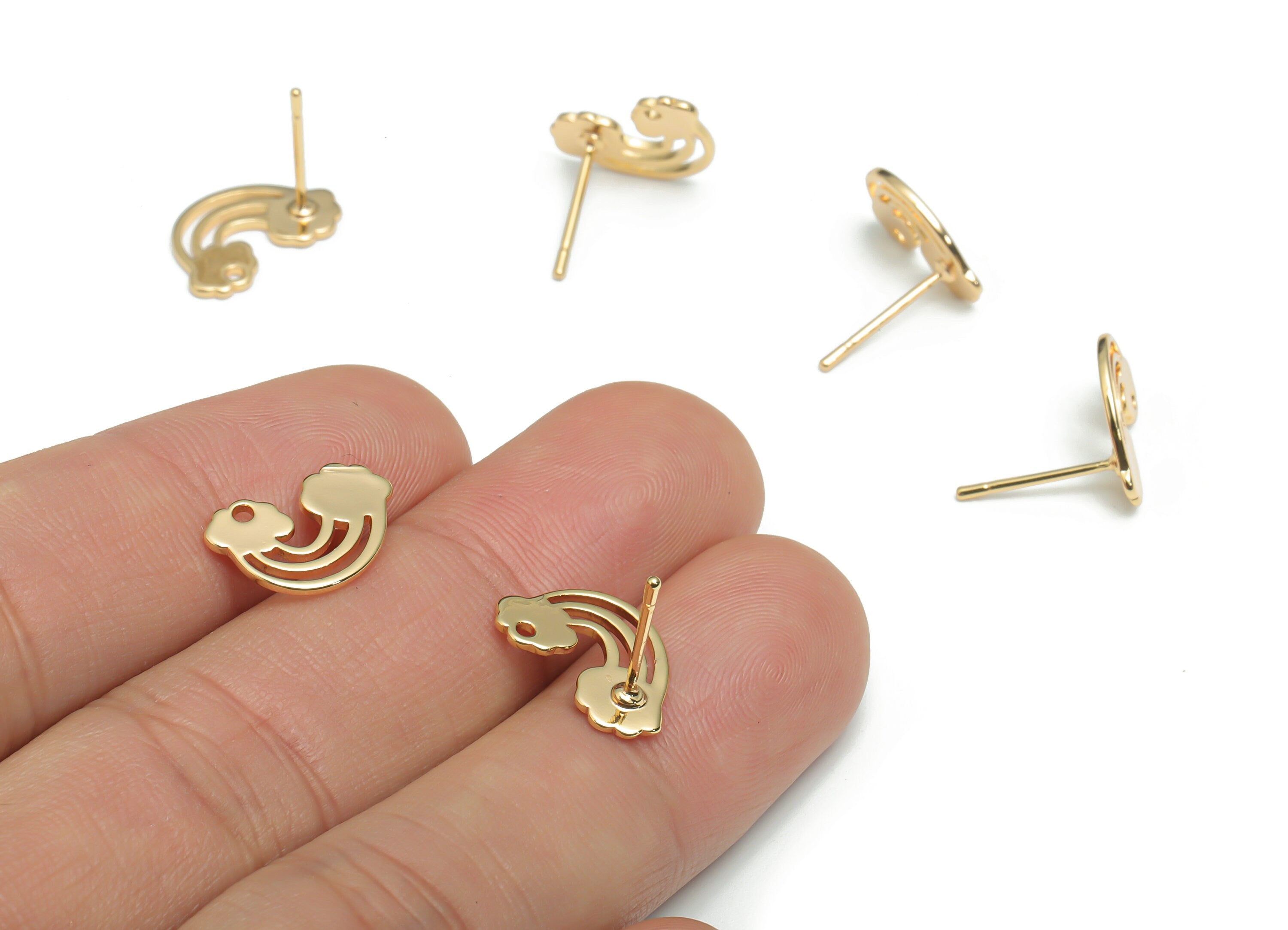 Brass Rainbow Earring Stud - Gold Rainbow Earring Post - Stainless Steel Stud - 18k Real Gold Plated Brass - 15.32x9.75x0.95mm - RGP4307 - DOMEDBAZAAR