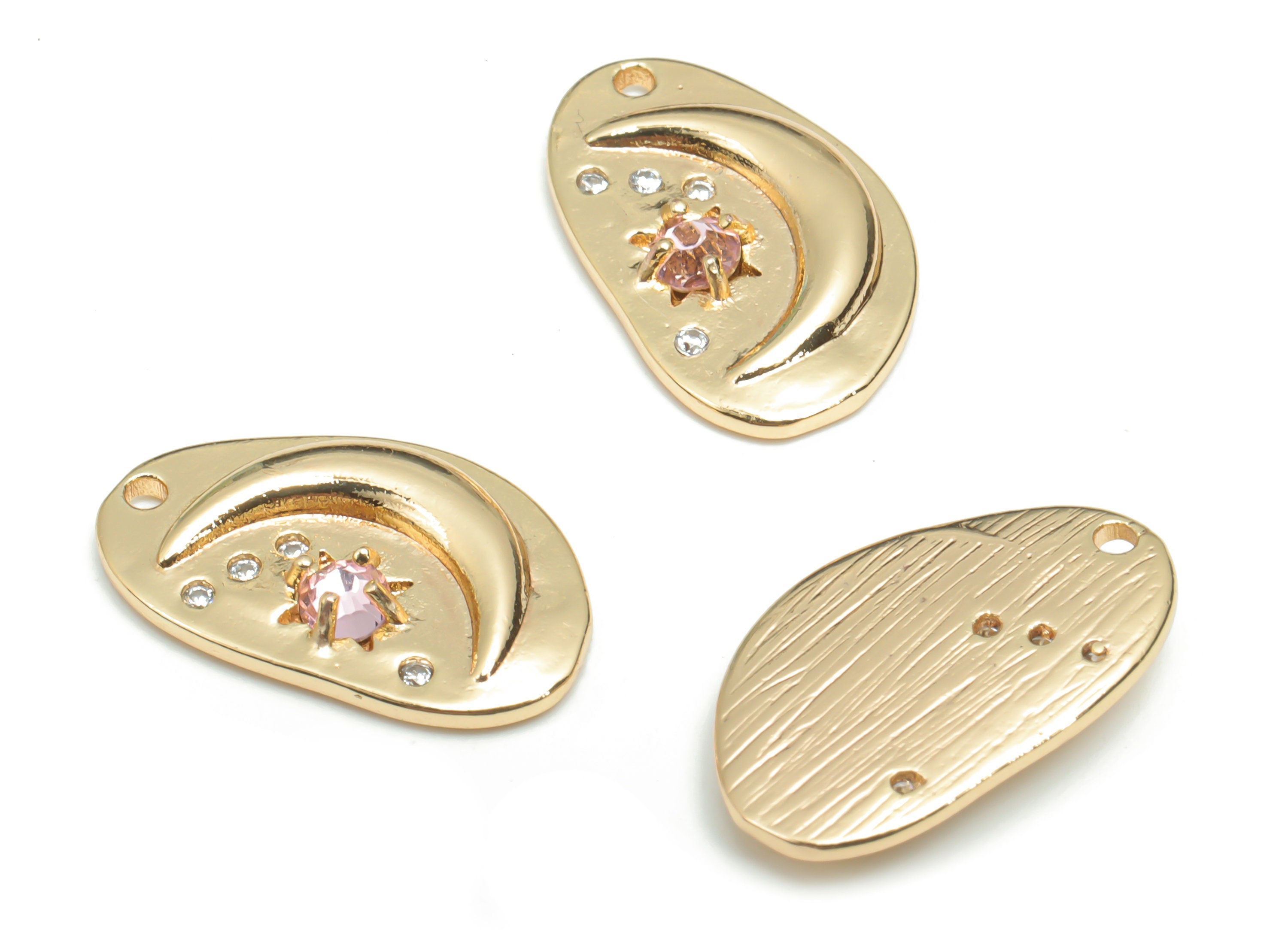 Brass Texture Irregular Crescent Charms With Zircons - Gold Moon Star Planet Pendant - 18K Real Gold Plated Brass - 18.09x11x2.9mm - RGP4345 - DOMEDBAZAAR