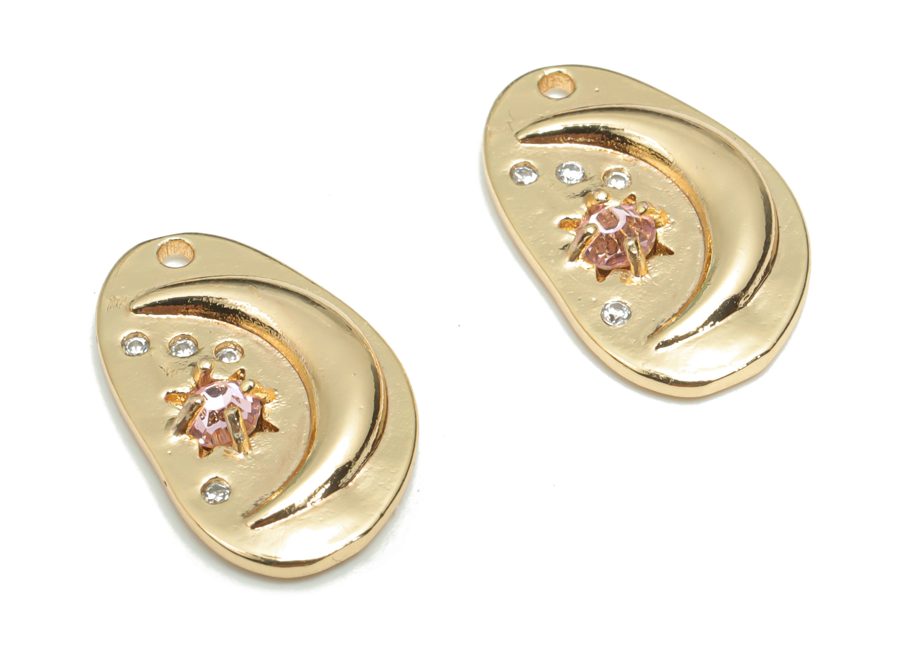 Brass Texture Irregular Crescent Charms With Zircons - Gold Moon Star Planet Pendant - 18K Real Gold Plated Brass - 18.09x11x2.9mm - RGP4345 - DOMEDBAZAAR
