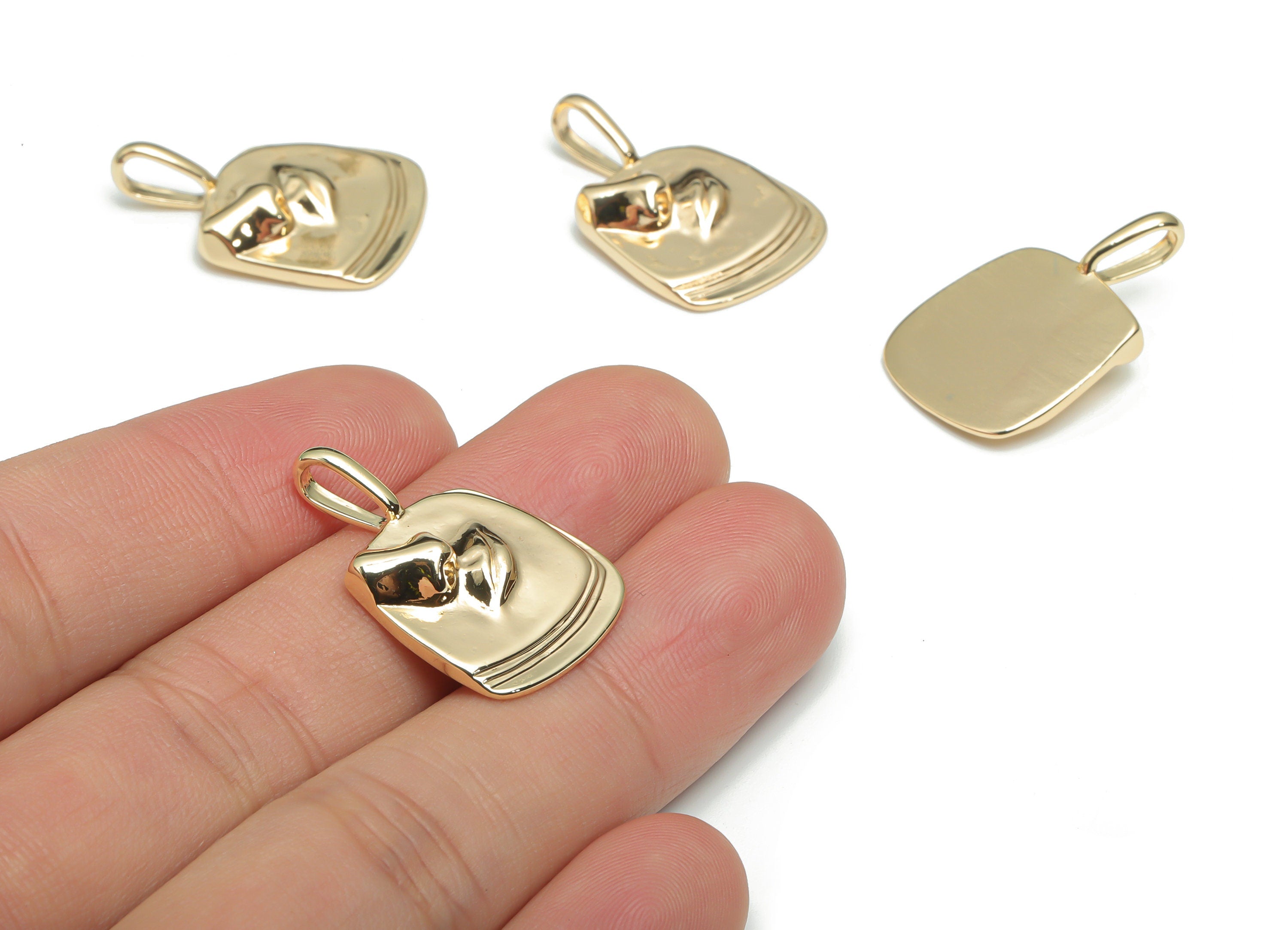 Brass Square Nose Earring Charms - Gold Mouth Square Pendant - Relief Charm - 18K Real Gold Plated Brass - 27.4x17.44x5.13mm - RGP4319 - DOMEDBAZAAR