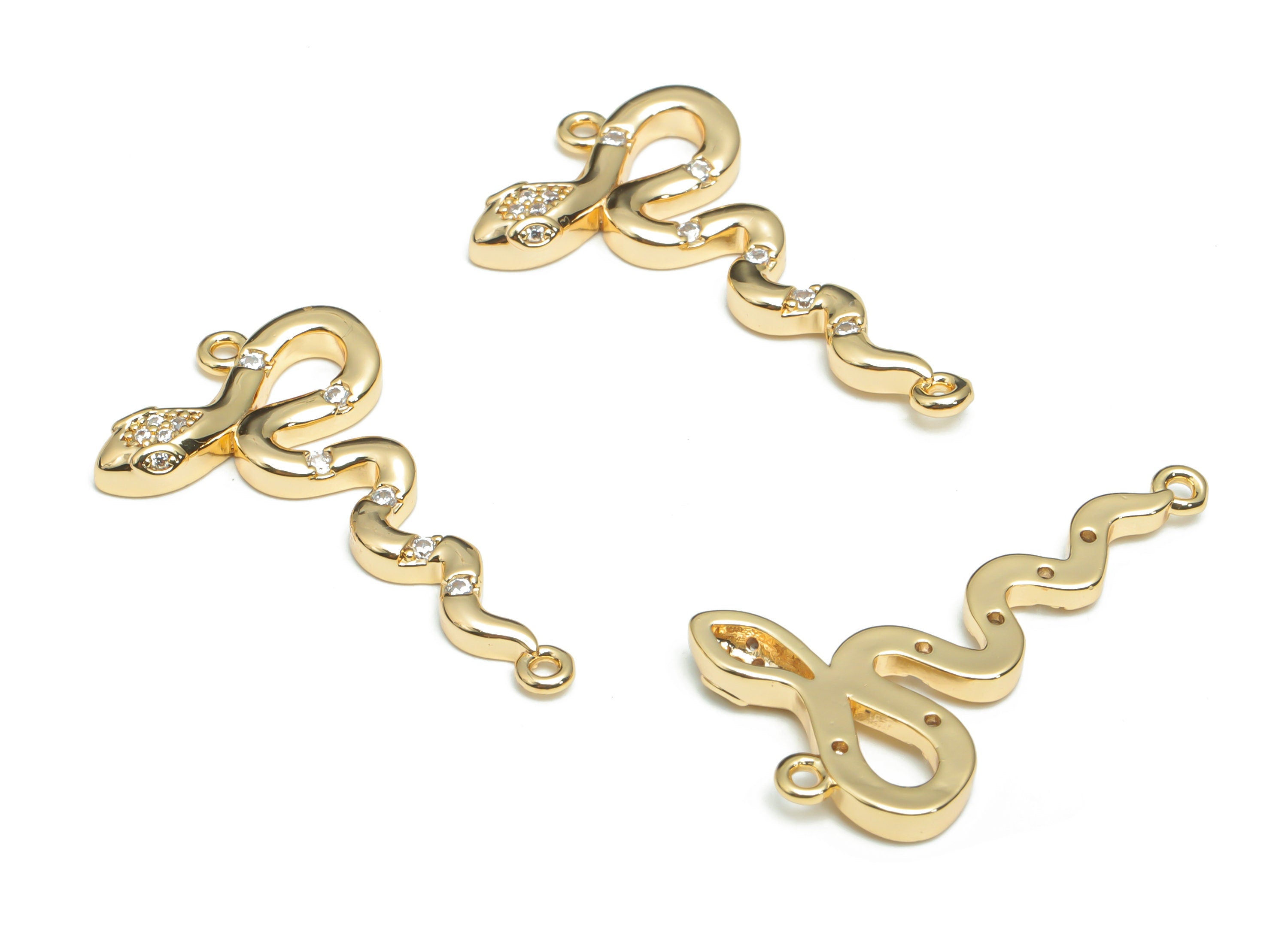 Brass Snake Earring Connectors With Zircons - Gold Snake Charms and Pendant - 18K Real Gold Plated Brass - 33.28x18.23x3.2mm - RGP4309 - DOMEDBAZAAR