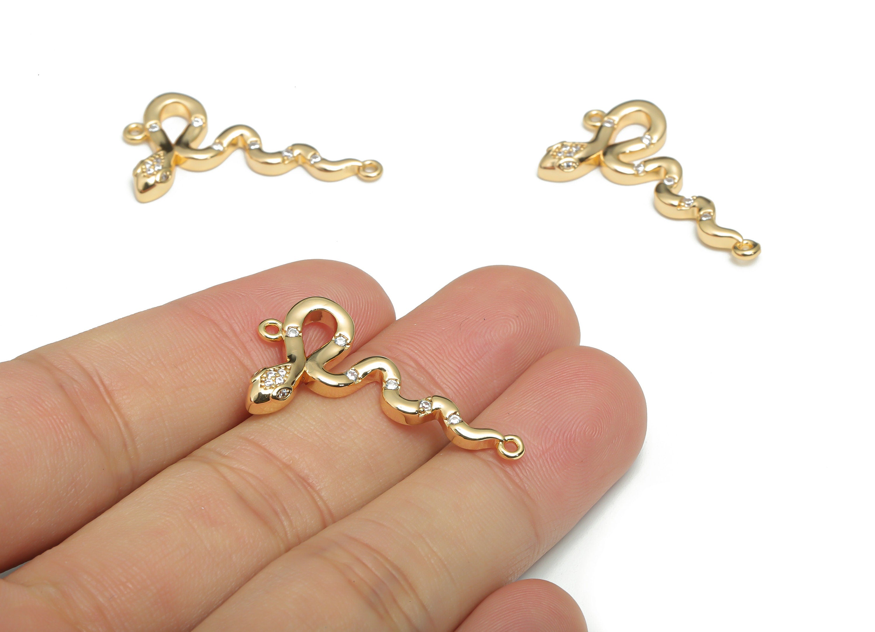 Brass Snake Earring Connectors With Zircons - Gold Snake Charms and Pendant - 18K Real Gold Plated Brass - 33.28x18.23x3.2mm - RGP4309 - DOMEDBAZAAR